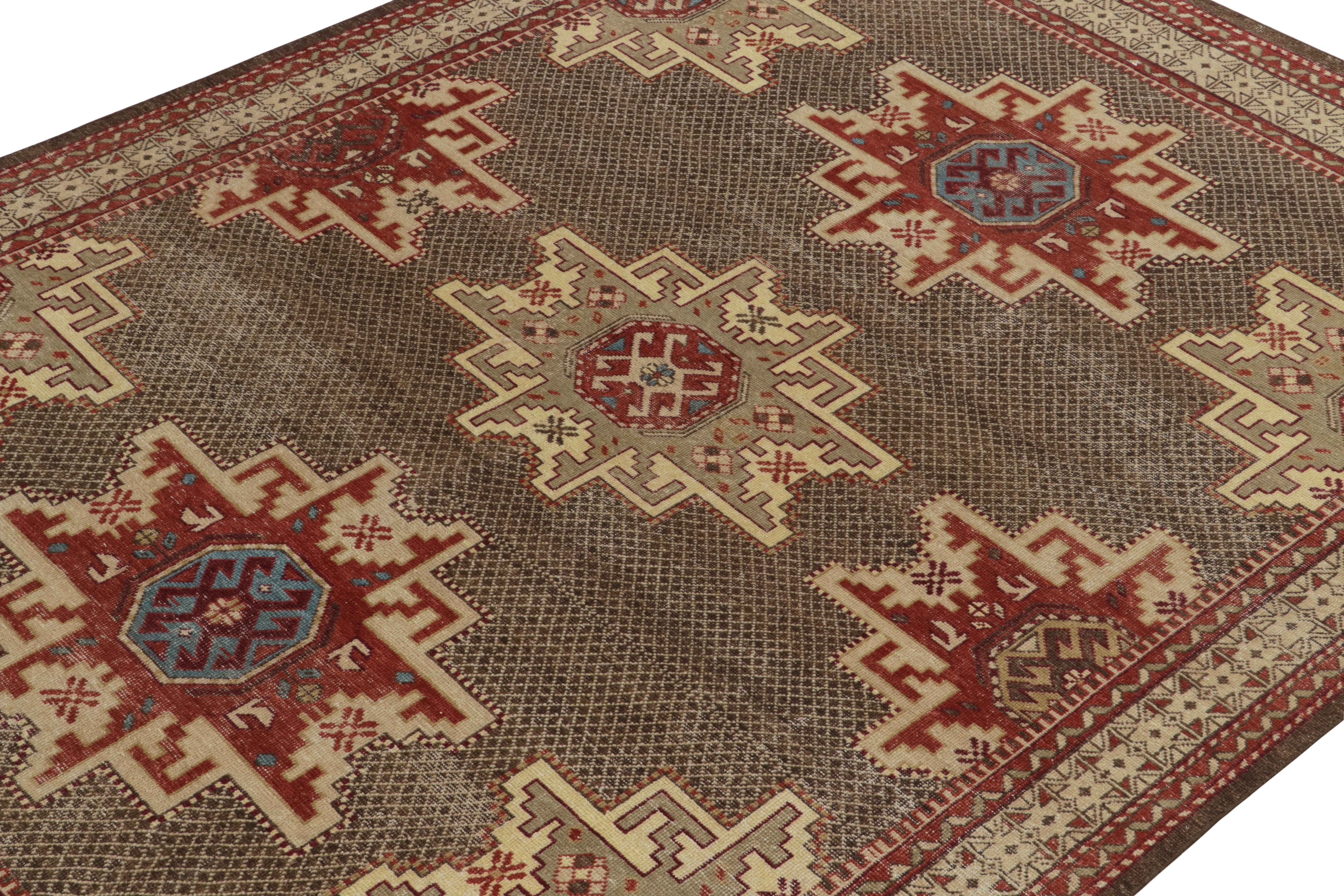 Indian Rug & Kilim's Distressed Kuba Style Rug in Red, Beige-Brown Medallions For Sale