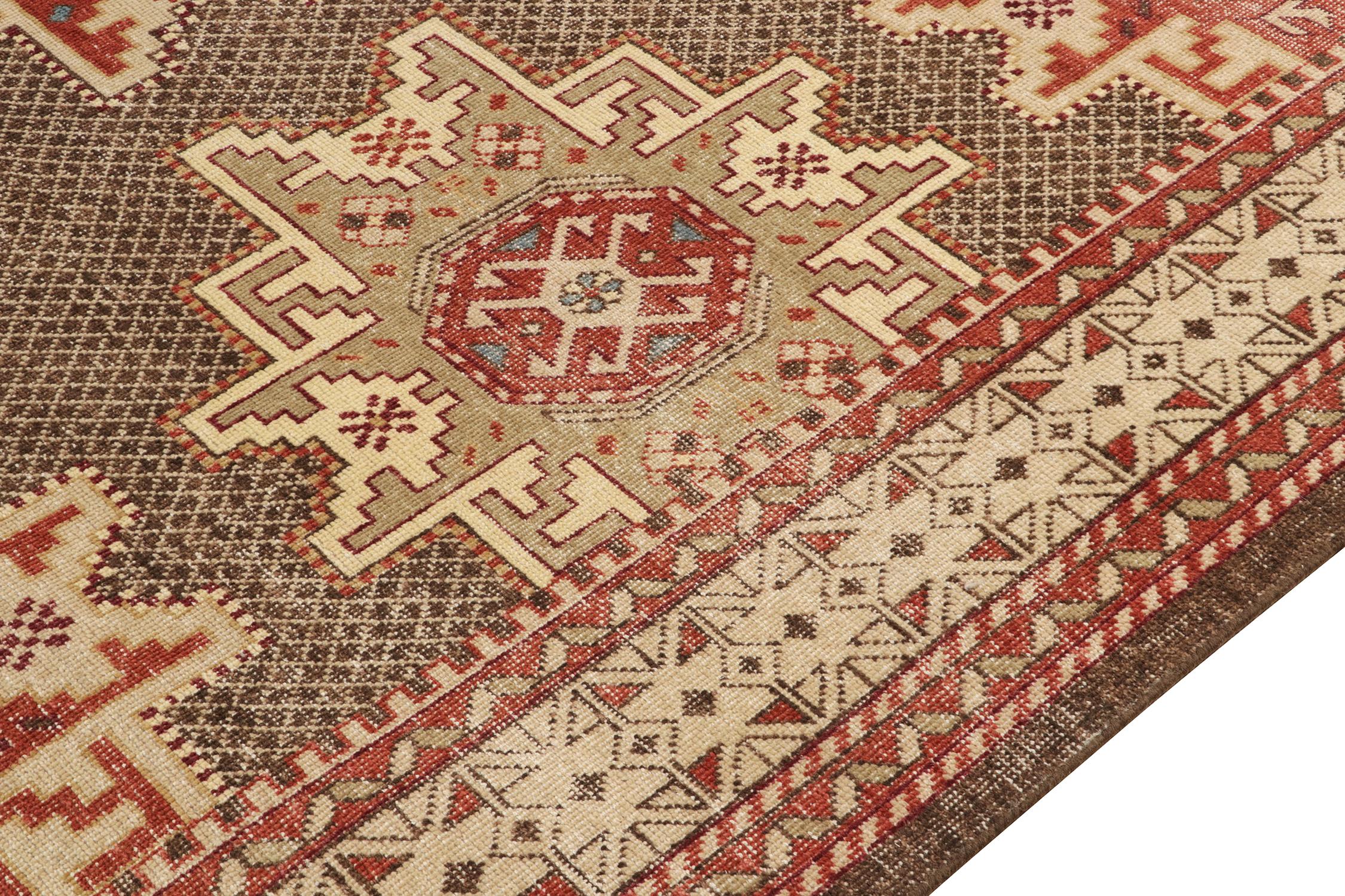 Hand-Knotted Rug & Kilim's Distressed Kuba Style Rug in Red, Beige-Brown Medallions For Sale