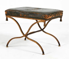 Distressed Leather and Gilt Metal Stool