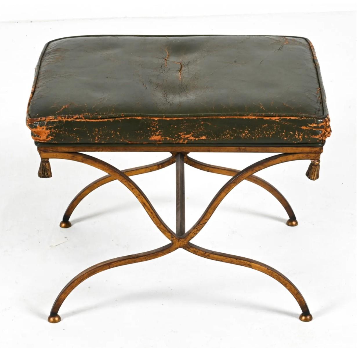 Mid-Century Modern Distressed Leather and Gilt Metal Stool