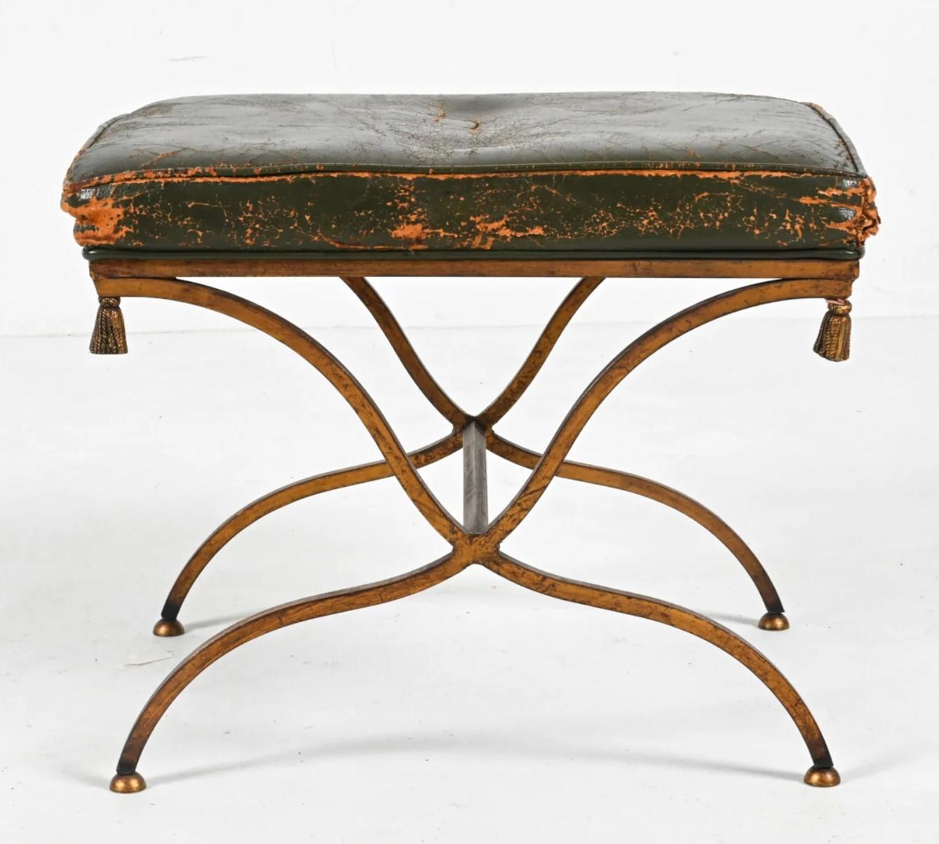 French Distressed Leather and Gilt Metal Stool