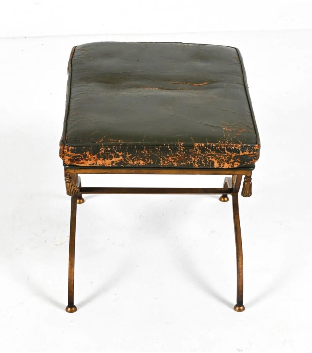 20th Century Distressed Leather and Gilt Metal Stool