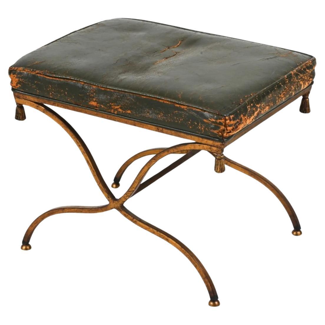 Distressed Leather and Gilt Metal Stool