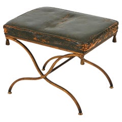 Retro Distressed Leather and Gilt Metal Stool