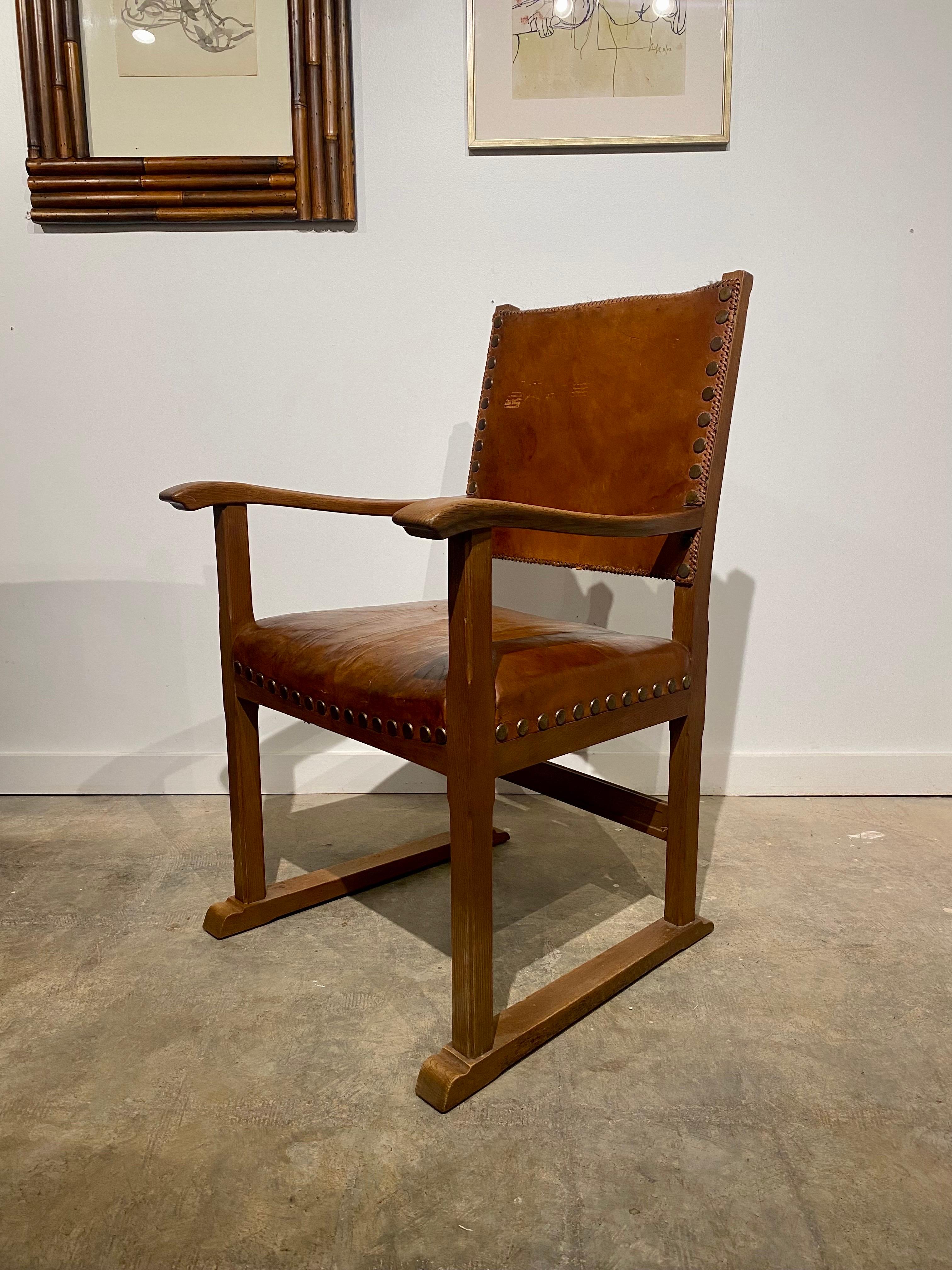 European Distressed Leather and Oak Belgian Armchairs