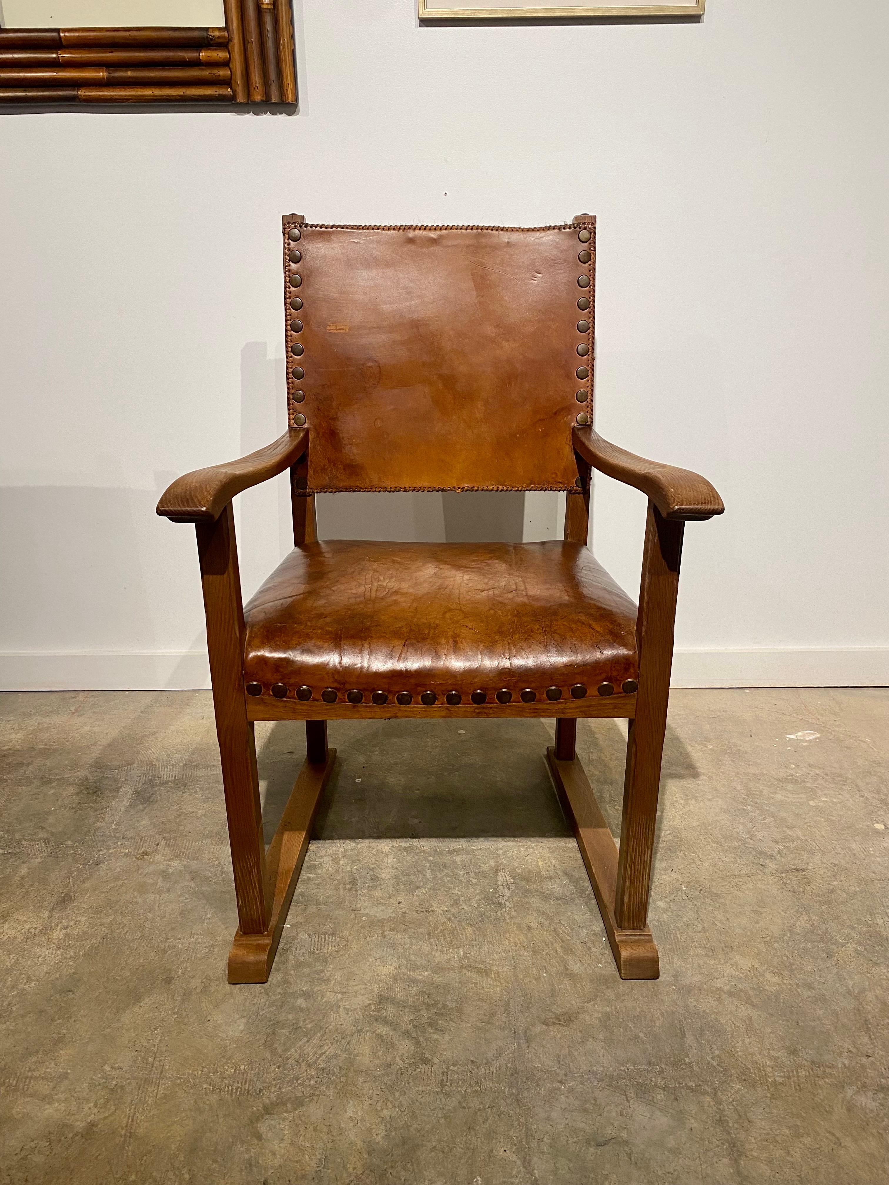 Distressed Leather and Oak Belgian Armchairs In Fair Condition In Raleigh, NC