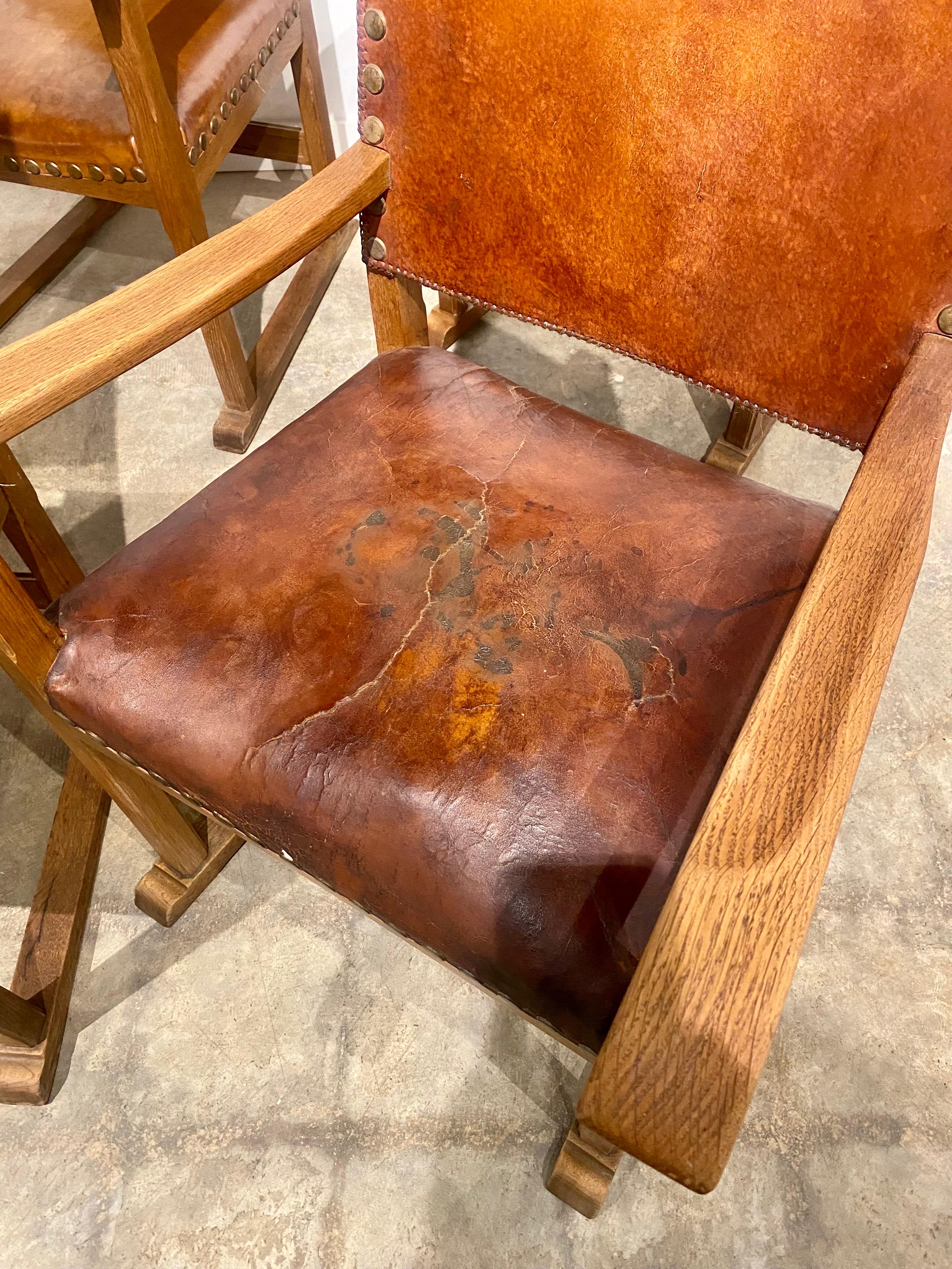 Distressed Leather and Oak Belgian Armchairs 1