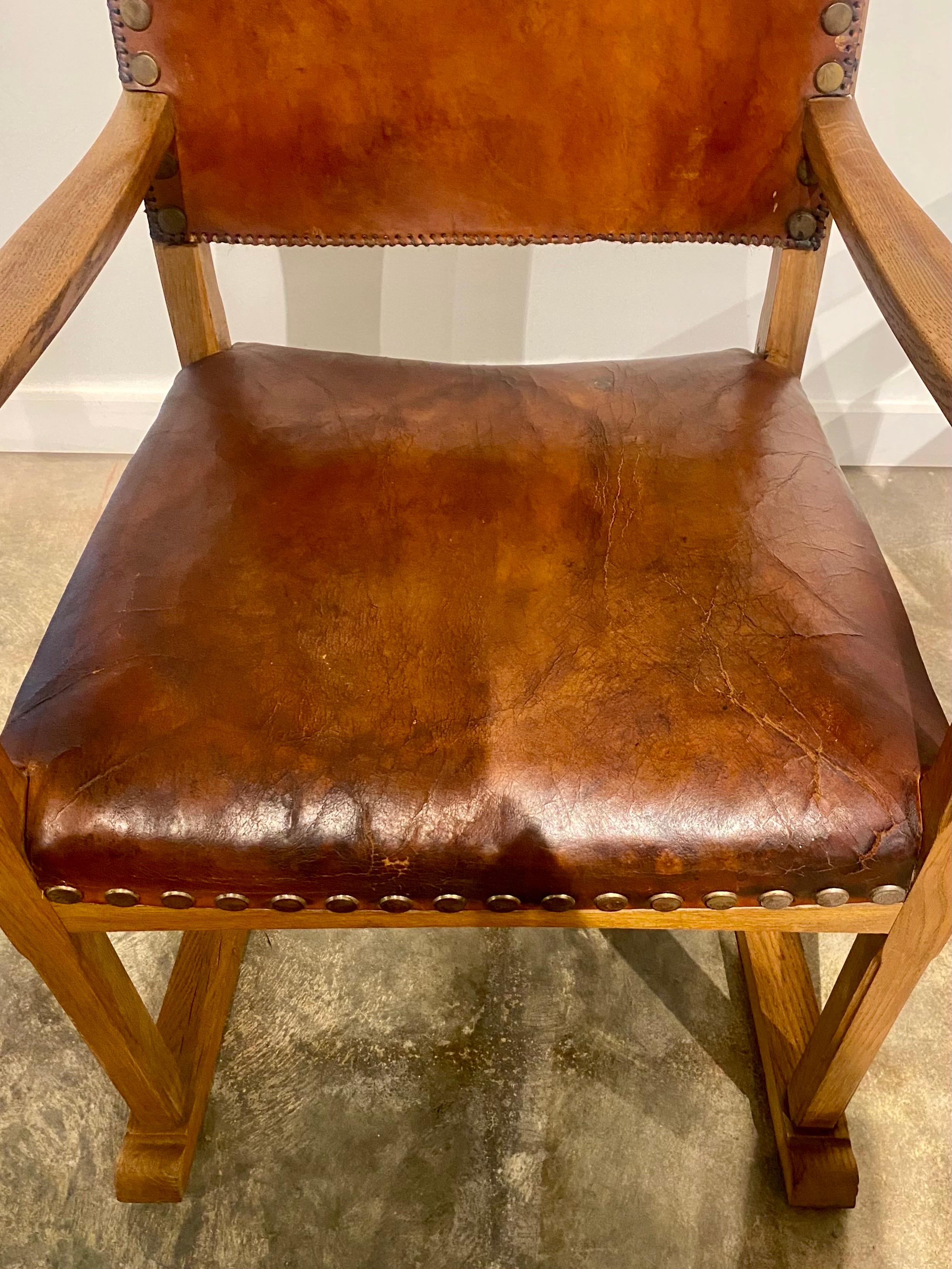 Distressed Leather and Oak Belgian Armchairs 2