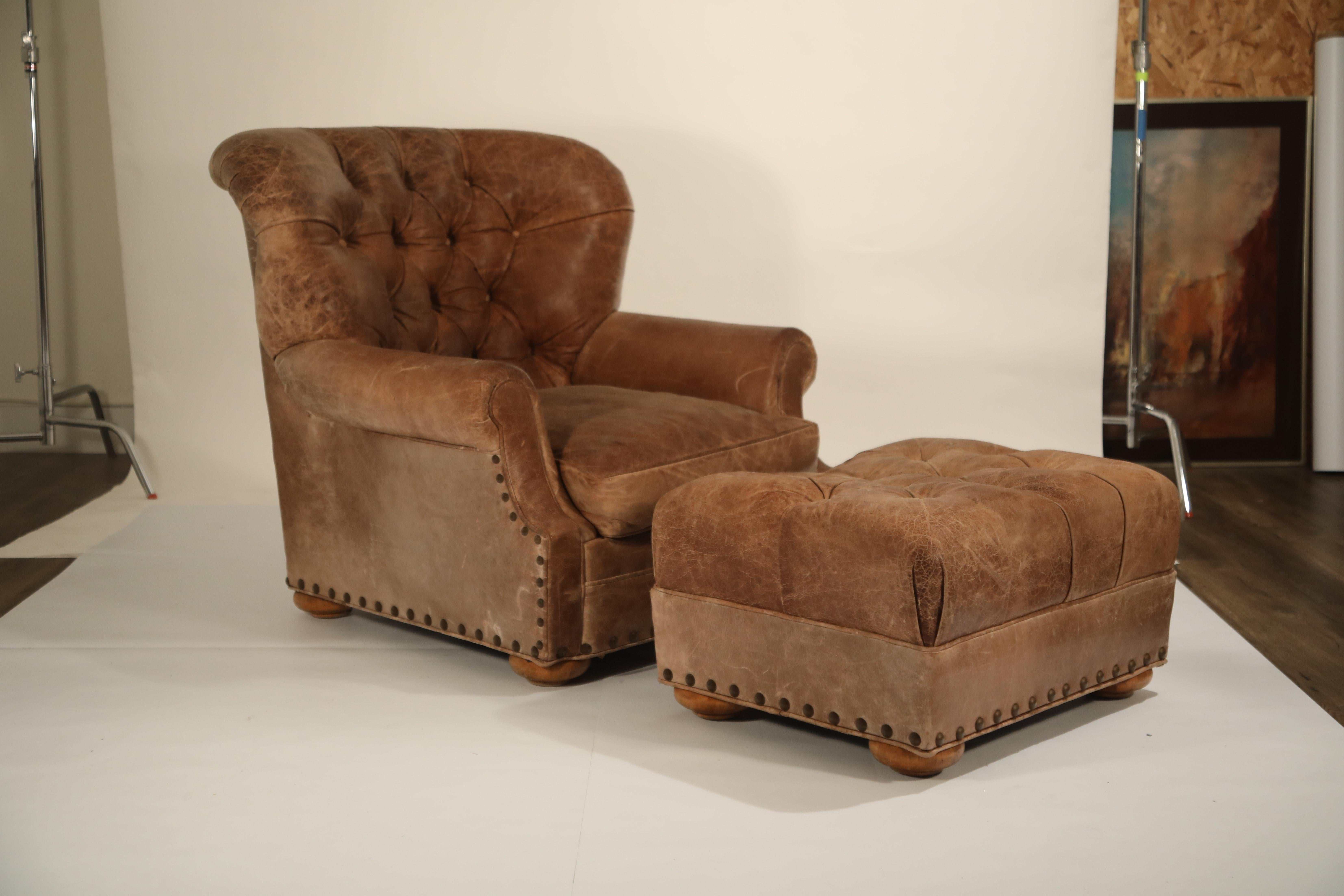 Distressed Leather Armchair and Ottoman in the Style of Ralph Lauren 1