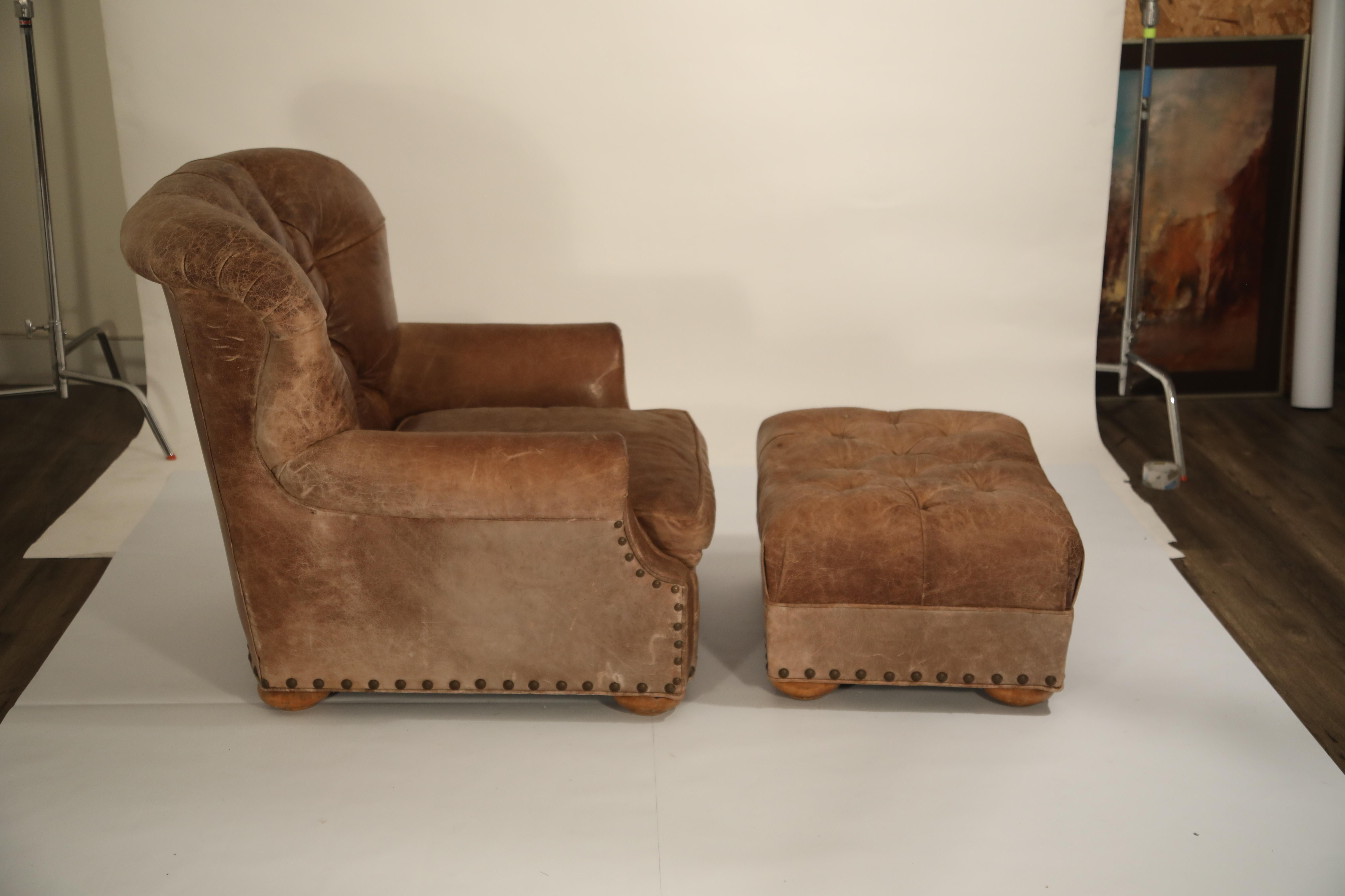 Distressed Leather Armchair and Ottoman in the Style of Ralph Lauren 3
