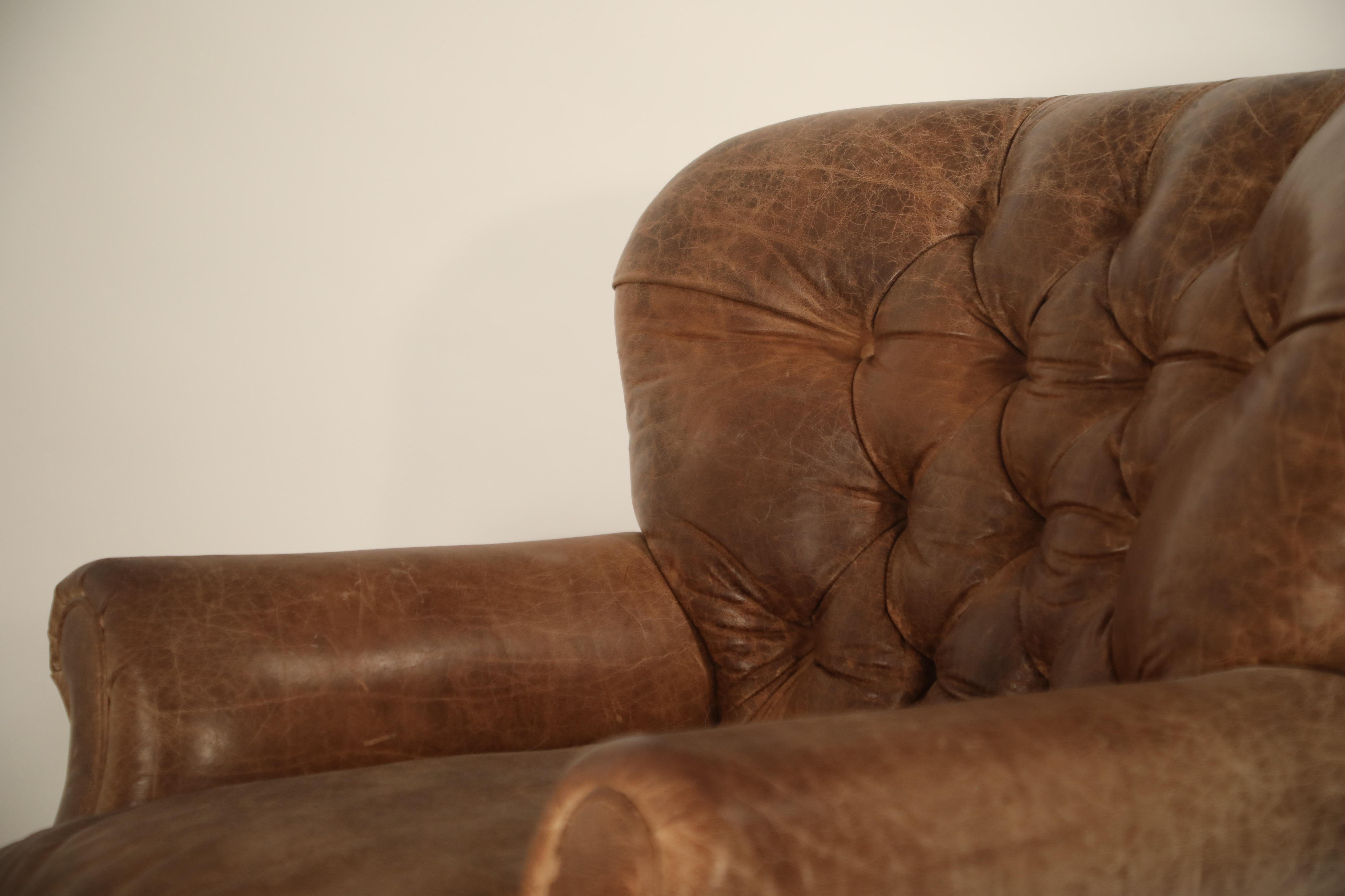Distressed Leather Armchair and Ottoman in the Style of Ralph Lauren 5