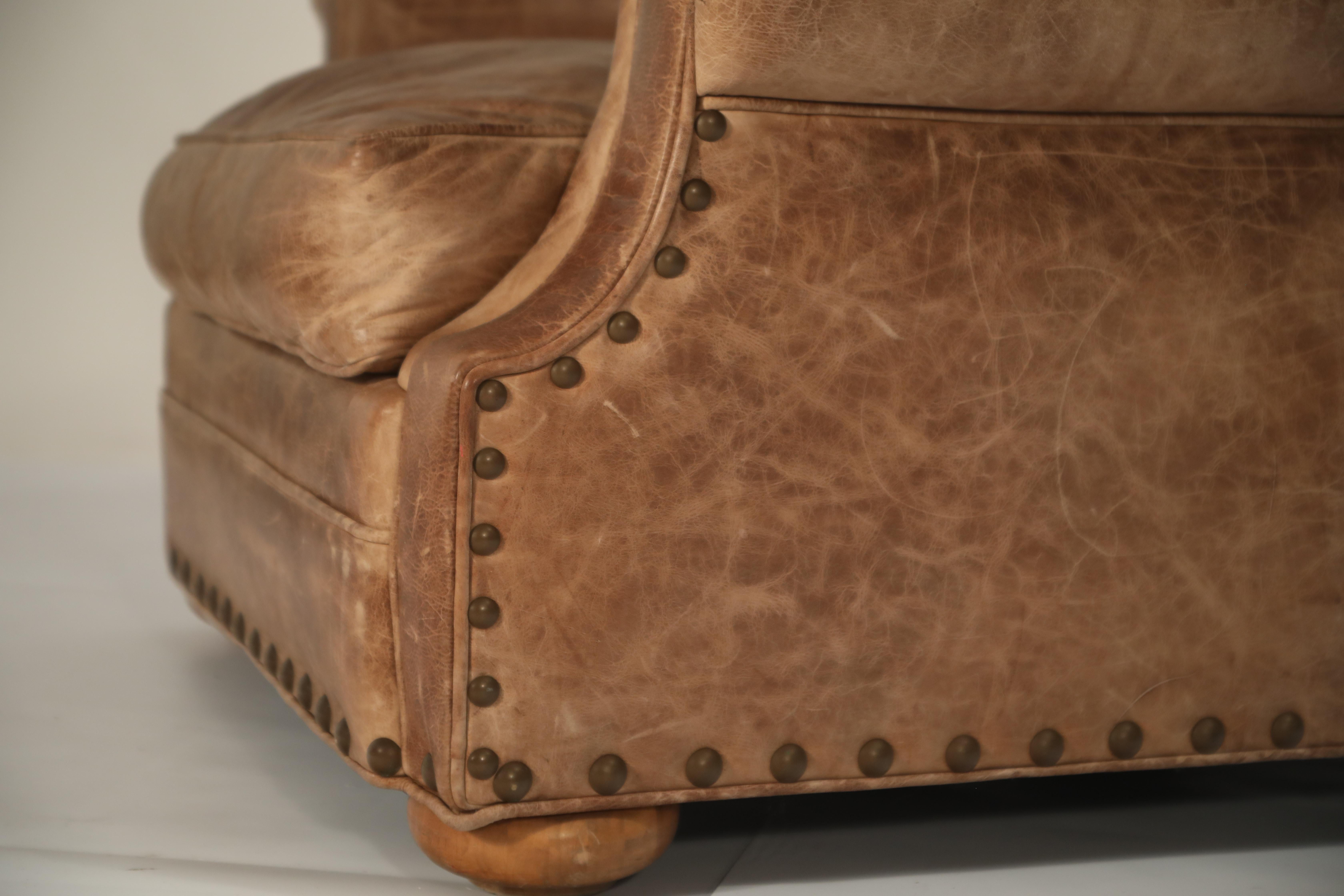 Distressed Leather Armchair and Ottoman in the Style of Ralph Lauren 6