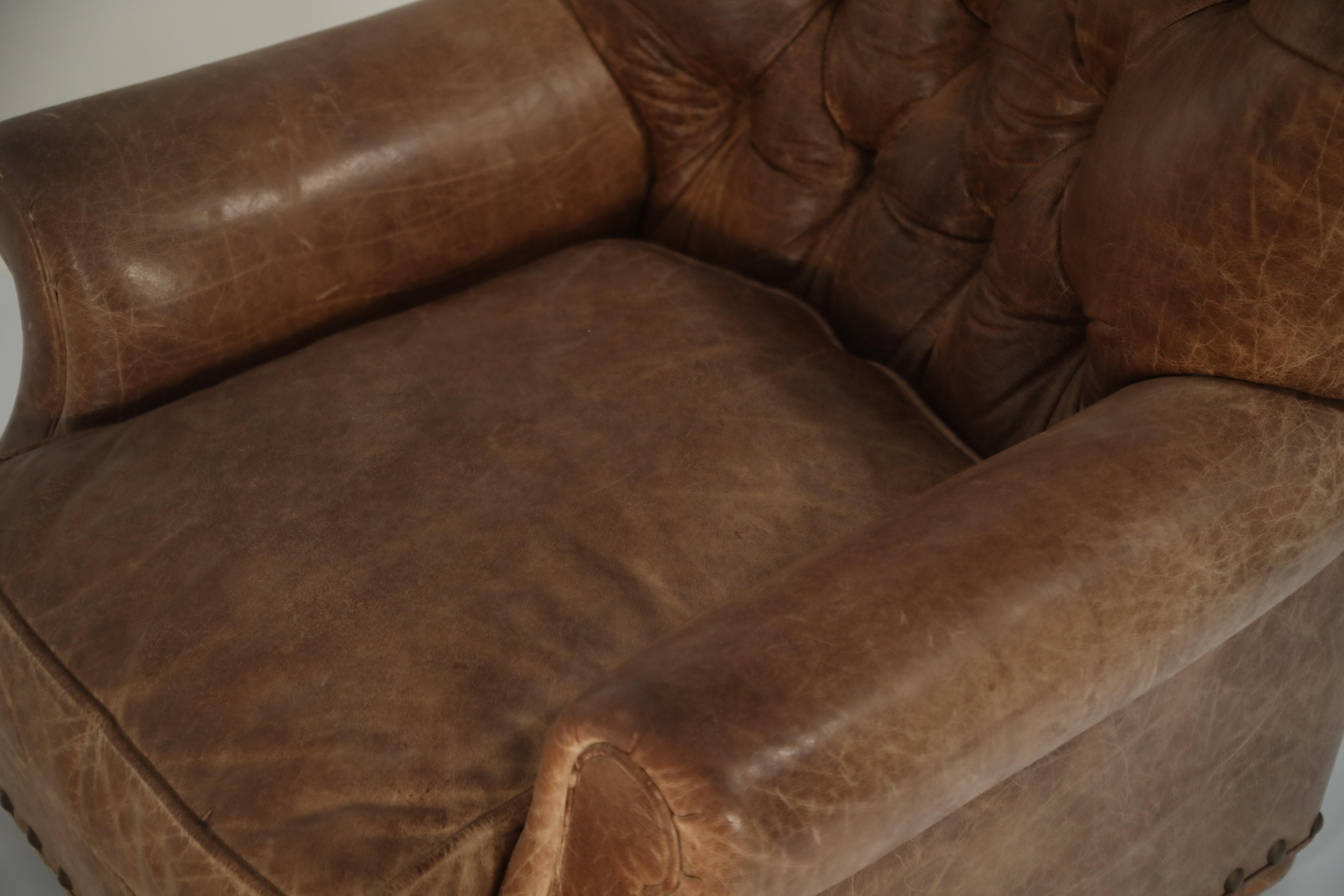 Distressed Leather Armchair and Ottoman in the Style of Ralph Lauren 7