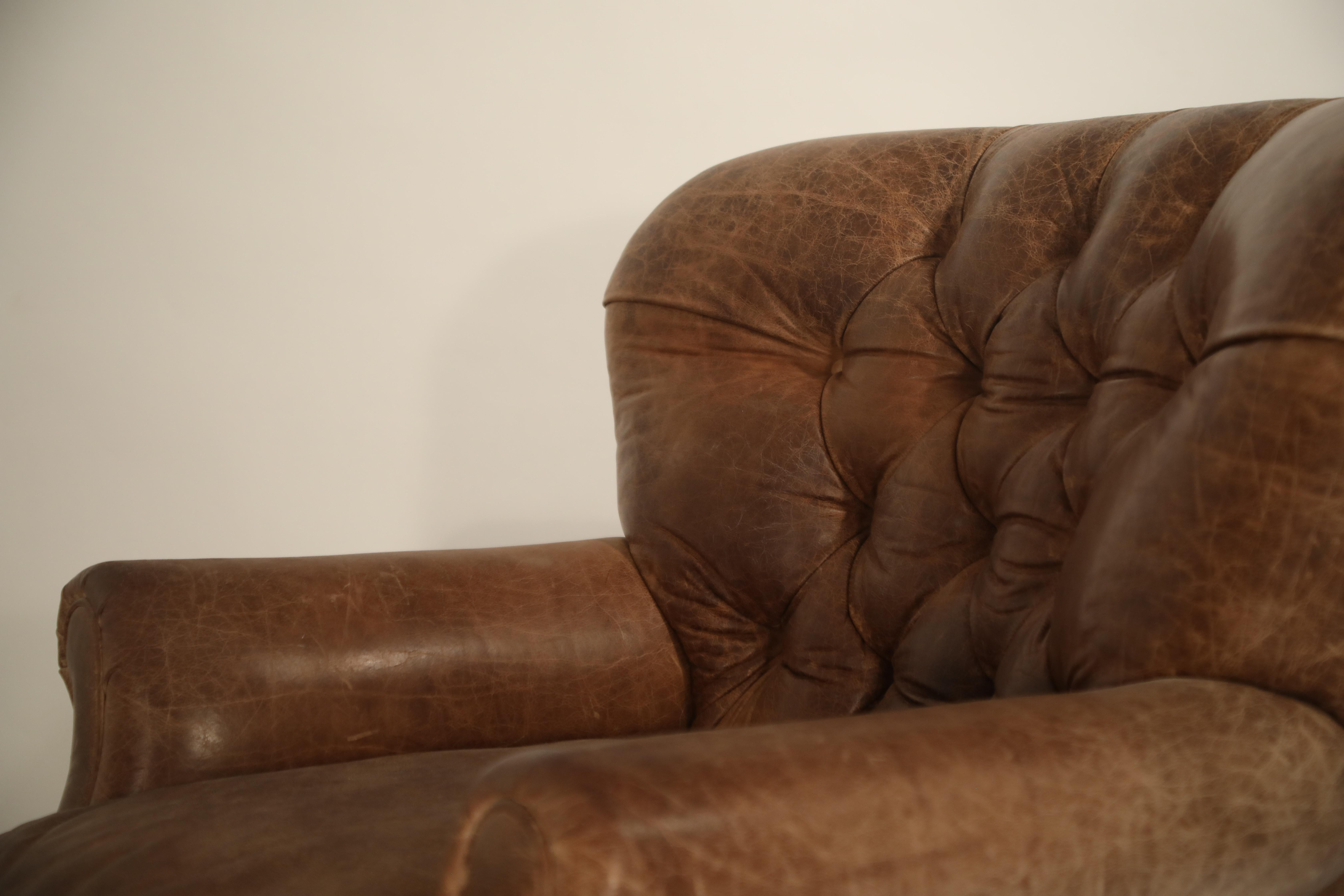 Distressed Leather Armchair and Ottoman in the Style of Ralph Lauren 10
