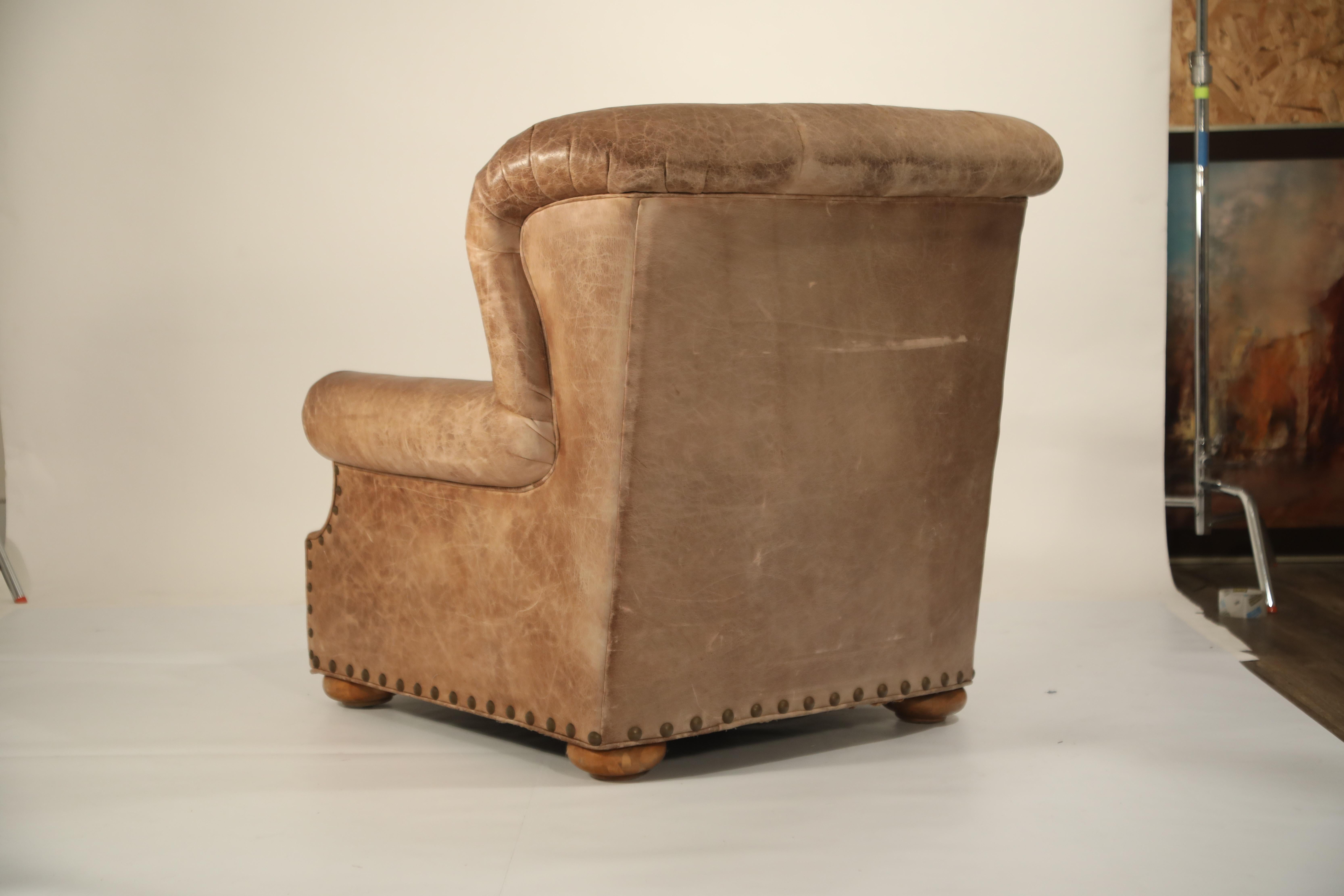 American Classical Distressed Leather Armchair and Ottoman in the Style of Ralph Lauren
