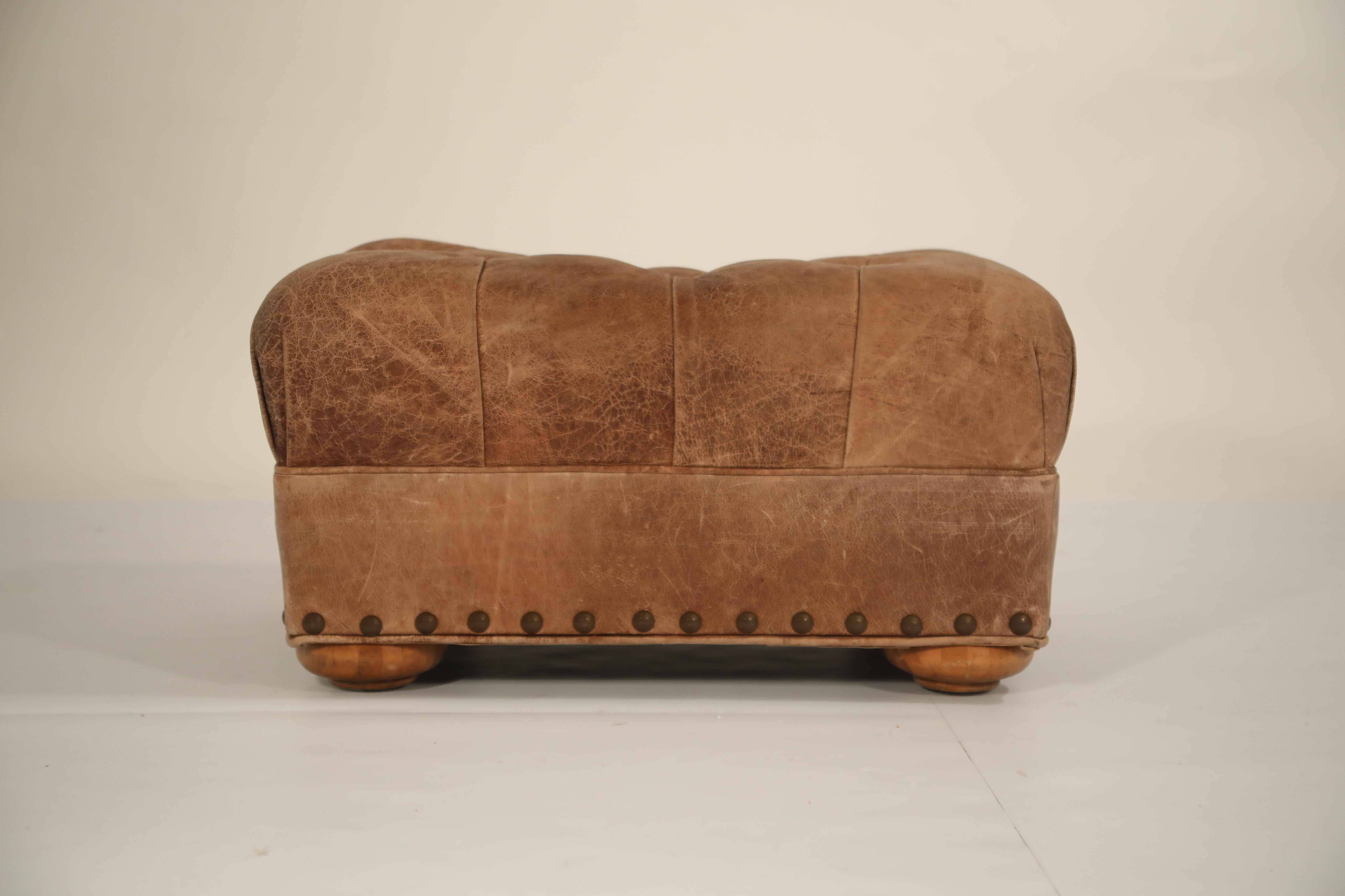 American Distressed Leather Armchair and Ottoman in the Style of Ralph Lauren