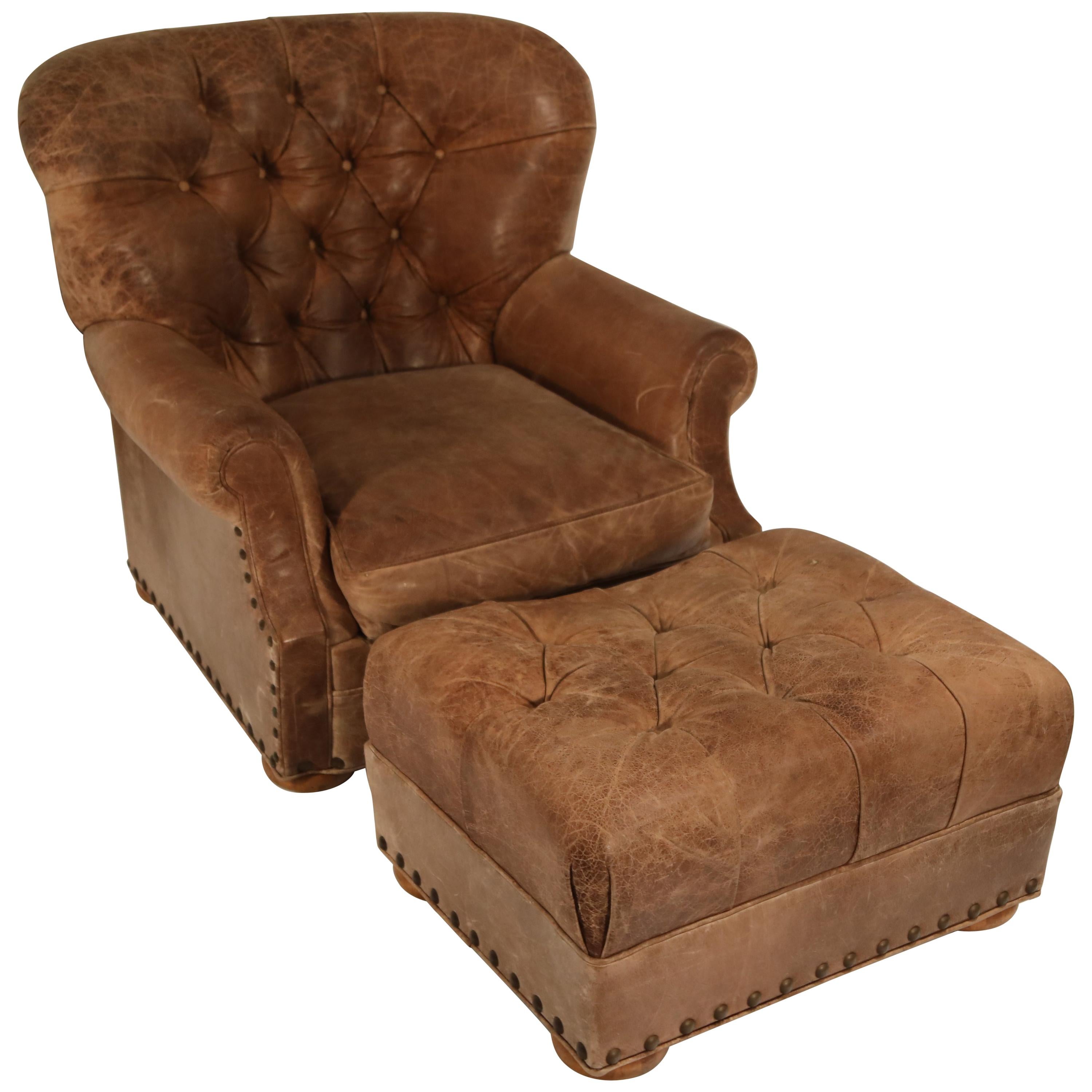 Distressed Leather Armchair and Ottoman in the Style of Ralph Lauren