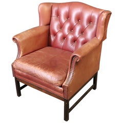 Vintage Distressed Leather Georgian Chippendale Tufted Genuine Leather Club Wing Chair