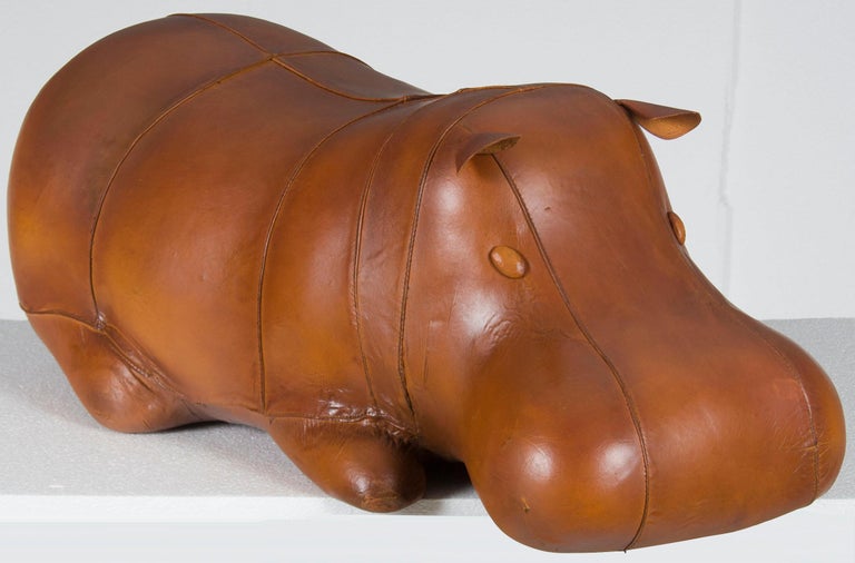 Distressed Leather Laying Hippo Hippopotamus Animal Footstool Ottoman