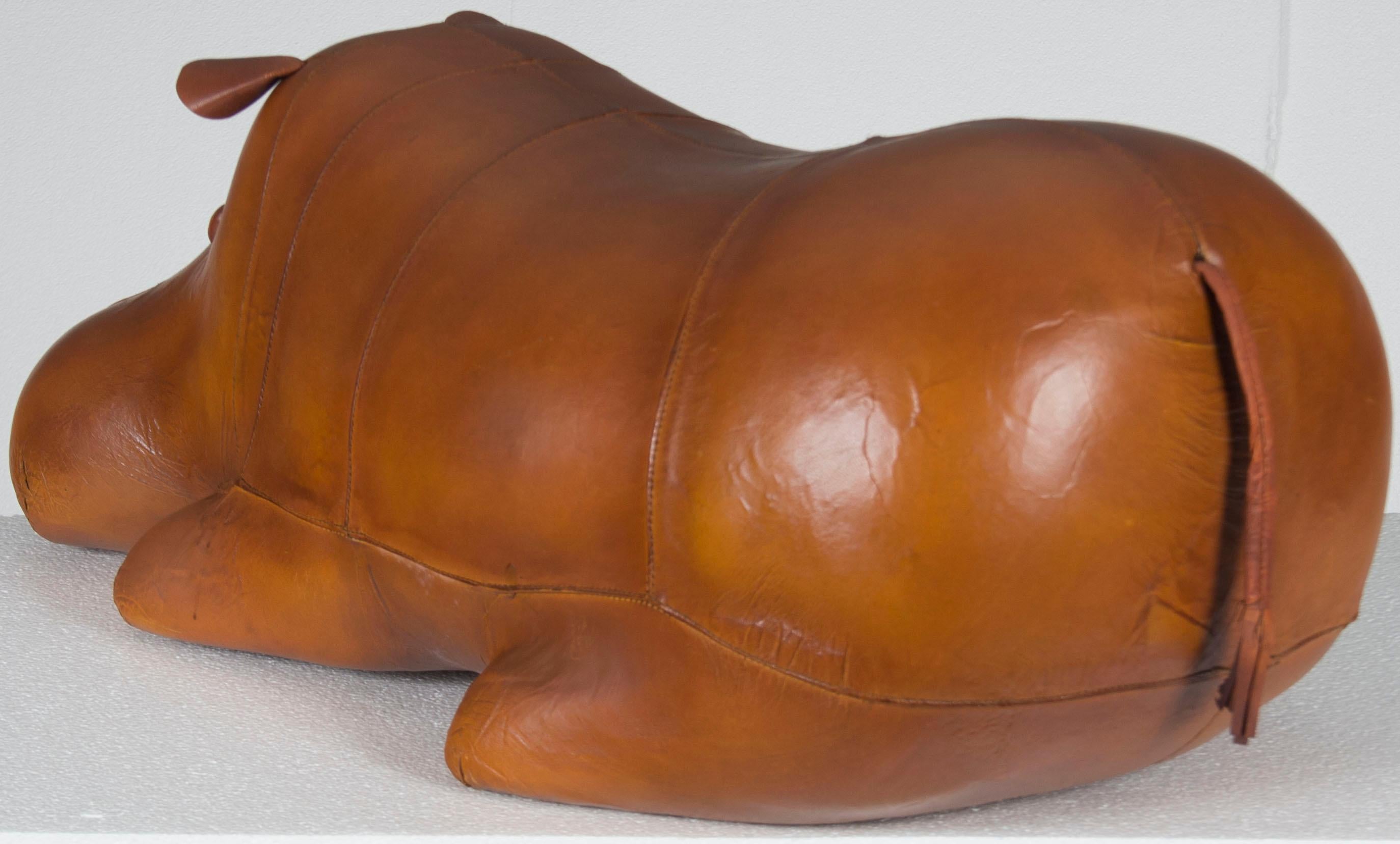 Rustic Distressed Leather Laying Hippo Hippopotamus Animal Footstool Ottoman Stool