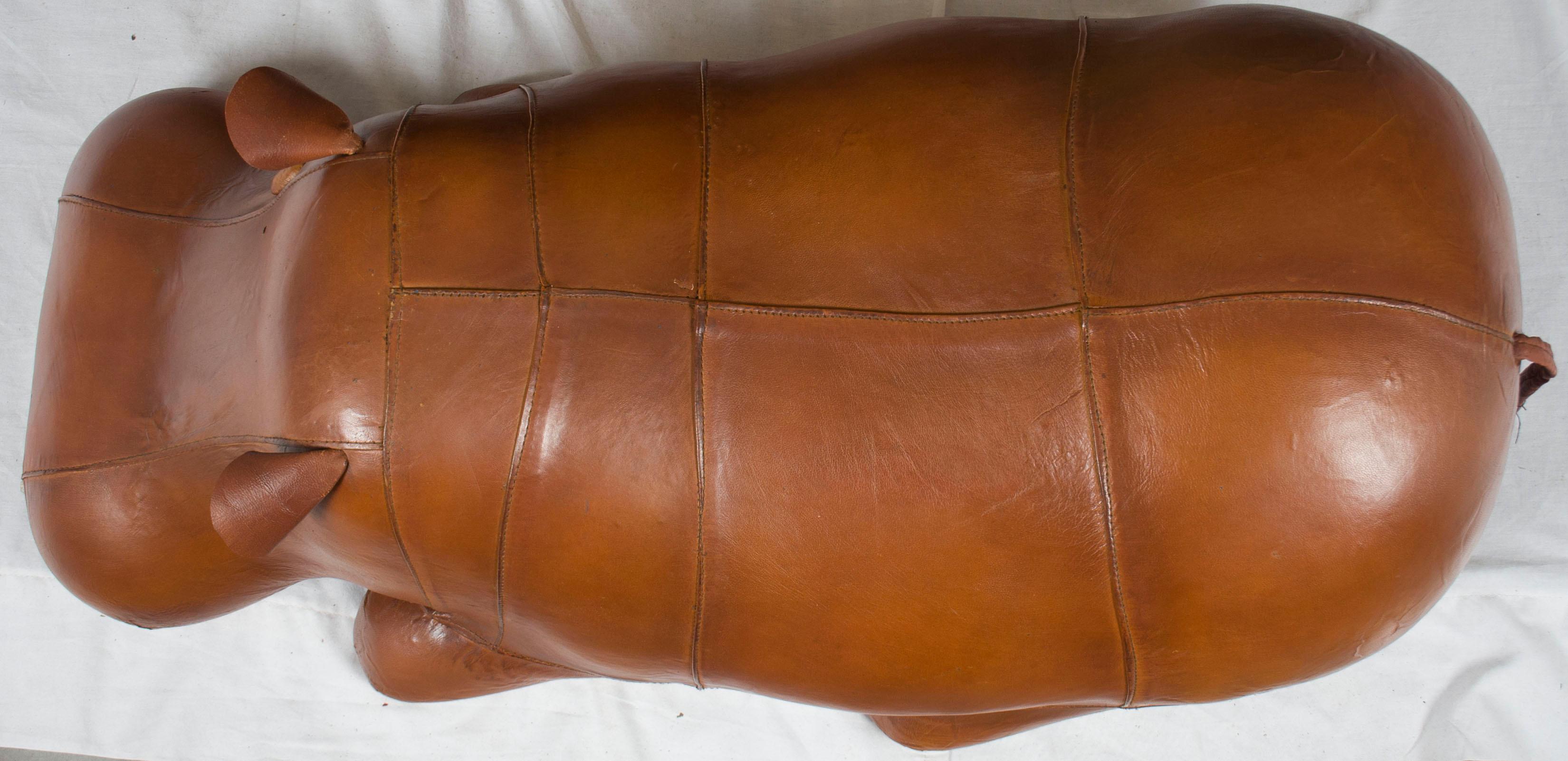 Distressed Leather Laying Hippo Hippopotamus Animal Footstool Ottoman Stool In New Condition In Atlanta, GA