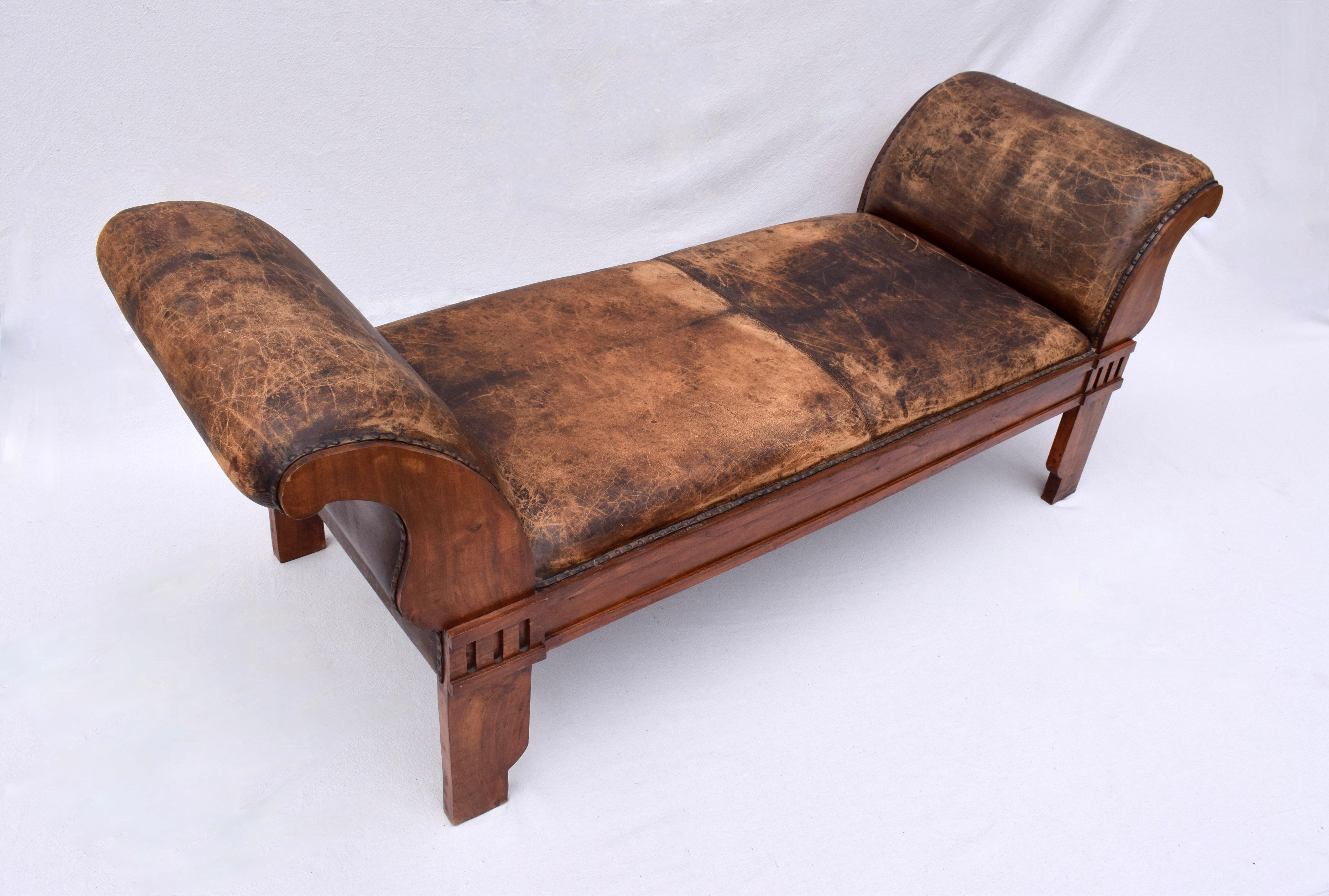 Distressed Leather Rolled Arm carved Oak Bench For Sale 3