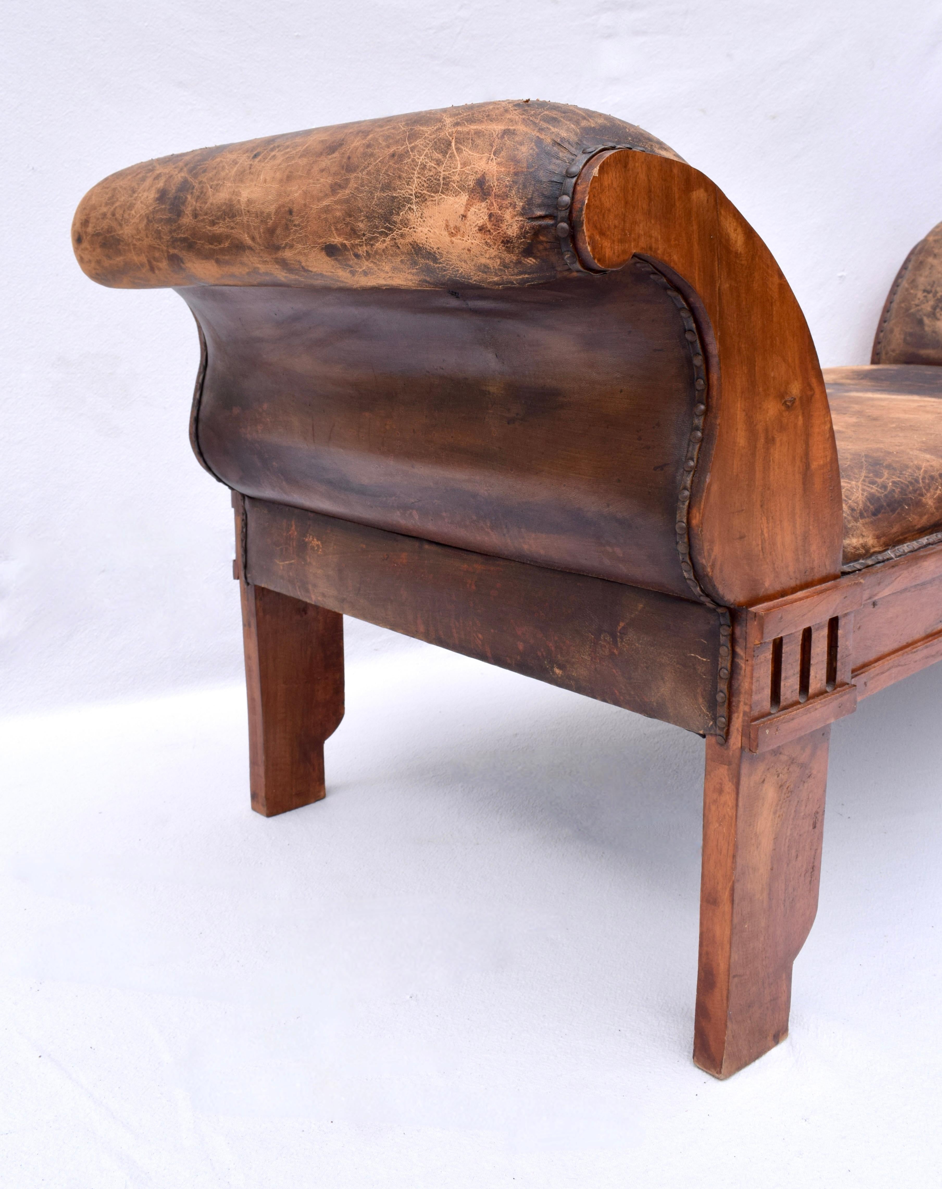 Distressed Leather Rolled Arm carved Oak Bench For Sale 4