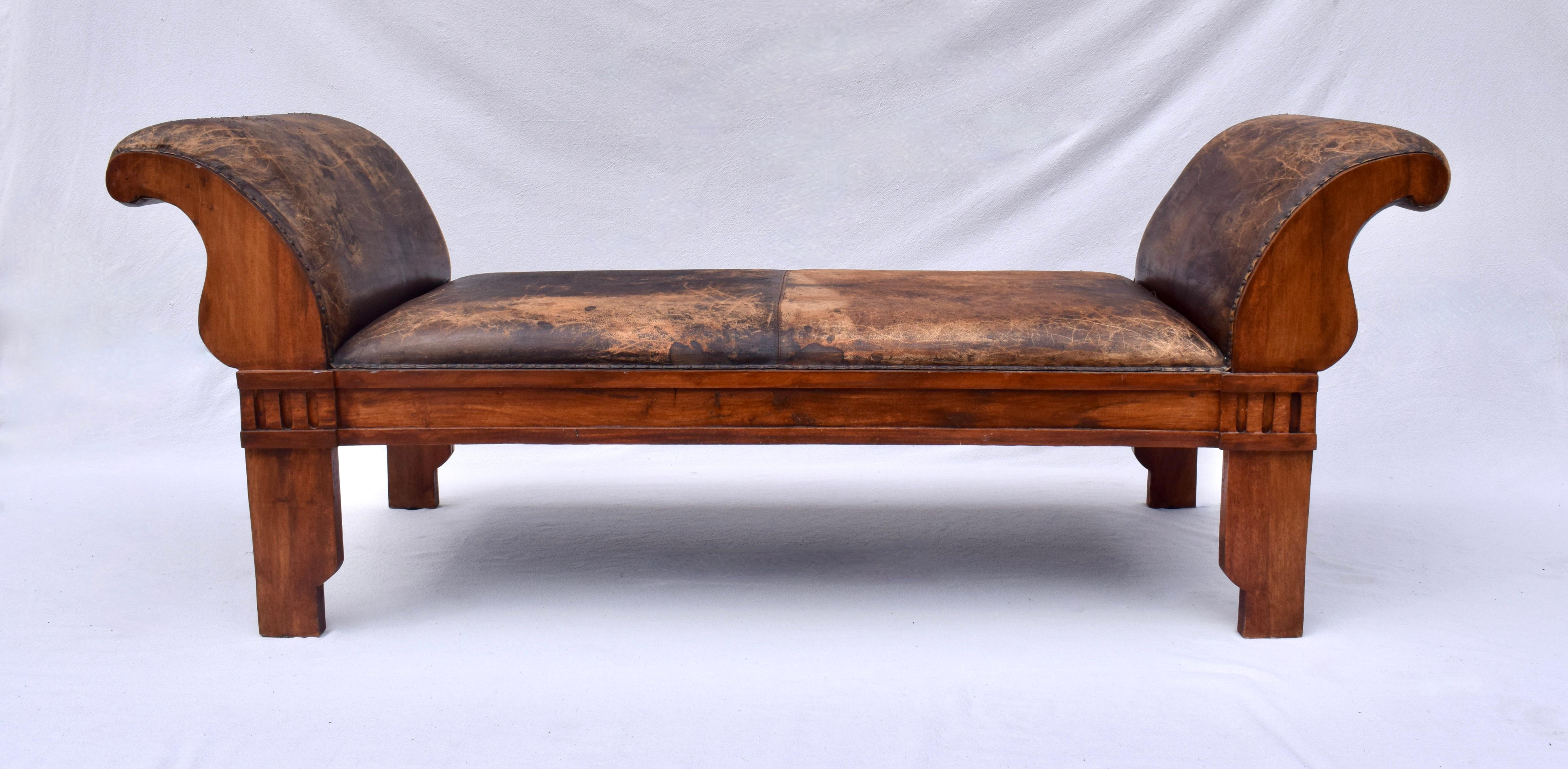 Distressed Leather Rolled Arm carved Oak Bench For Sale 5
