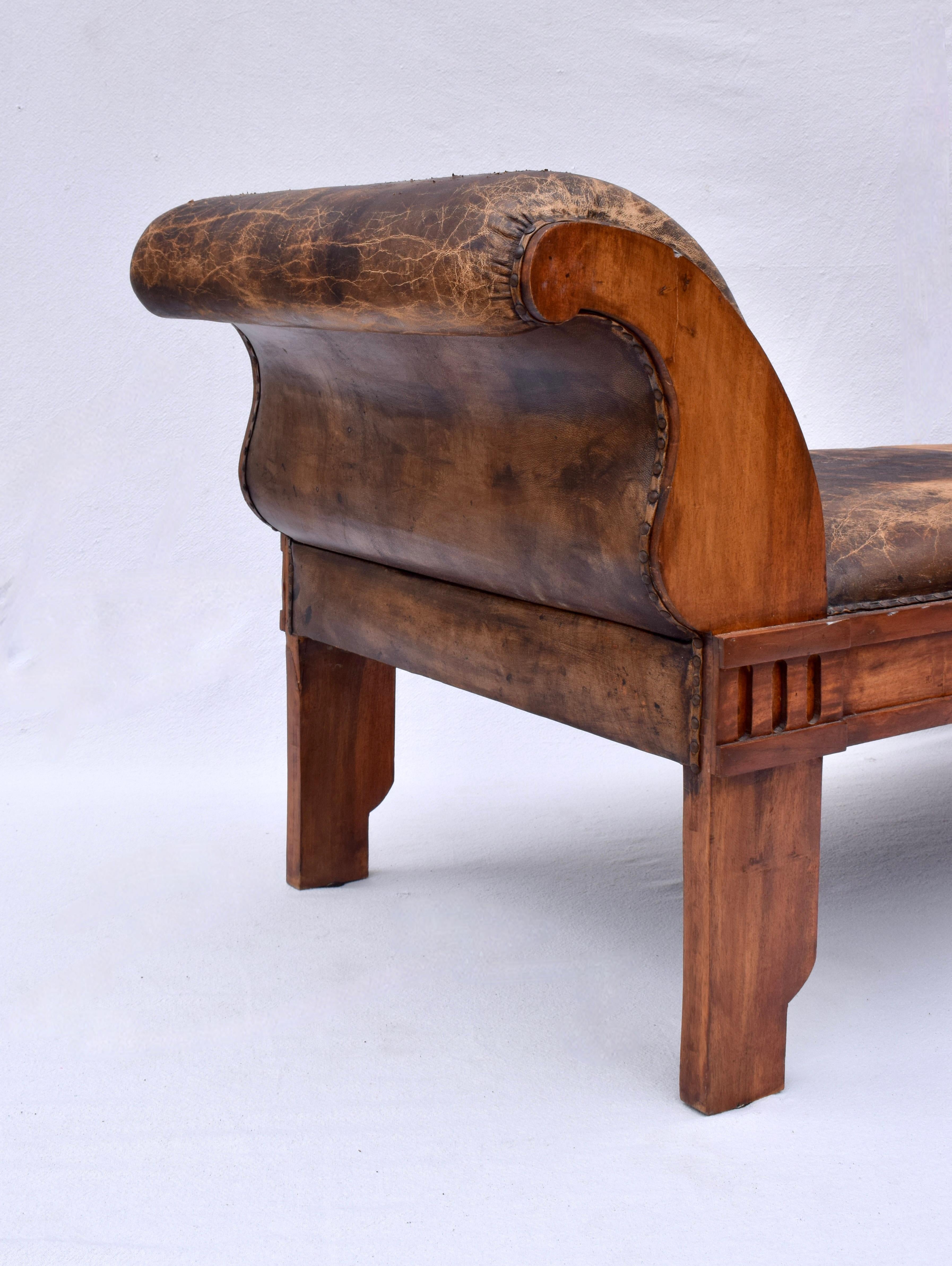 Distressed Leather Rolled Arm carved Oak Bench For Sale 6