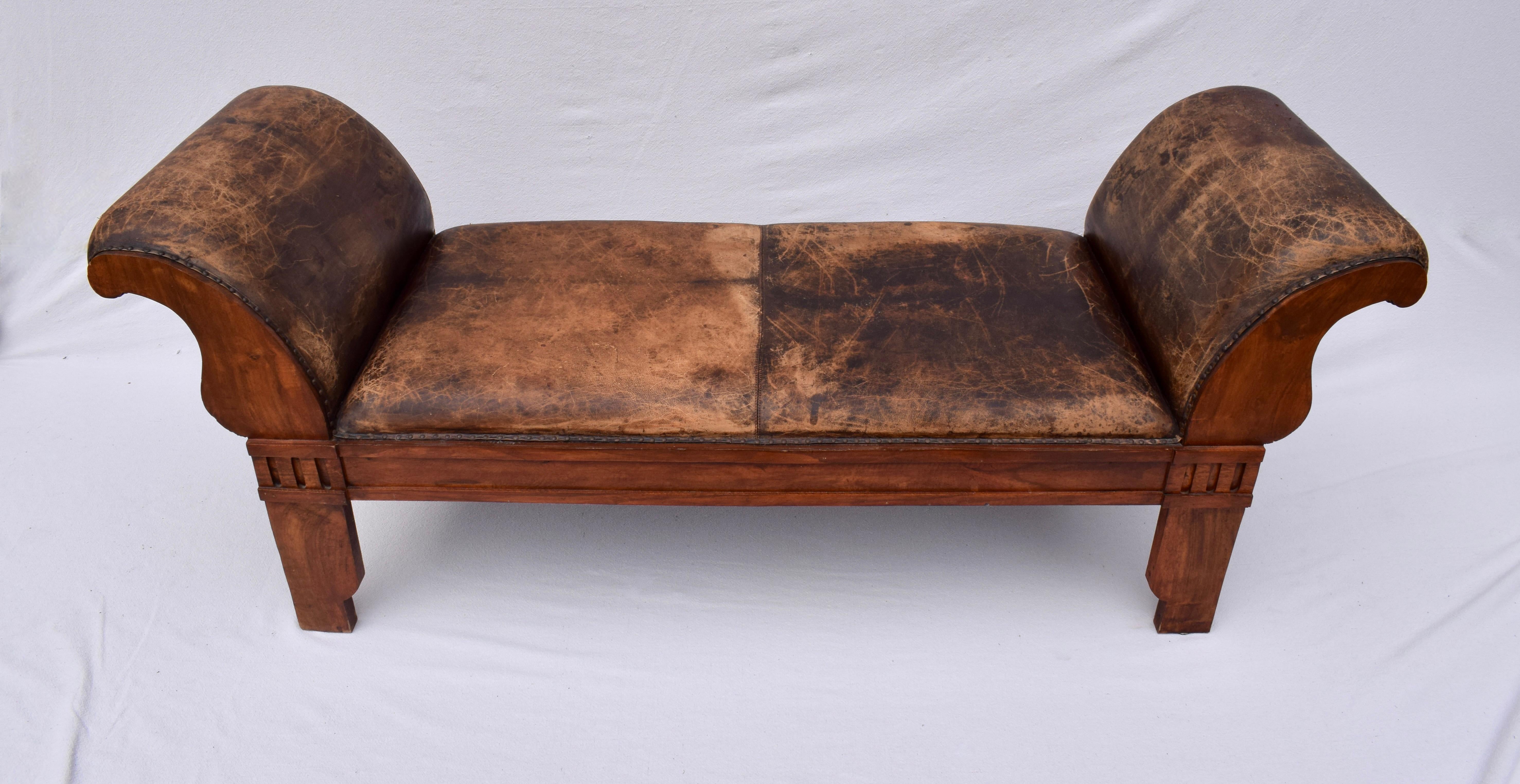 Mission Distressed Leather Rolled Arm carved Oak Bench For Sale