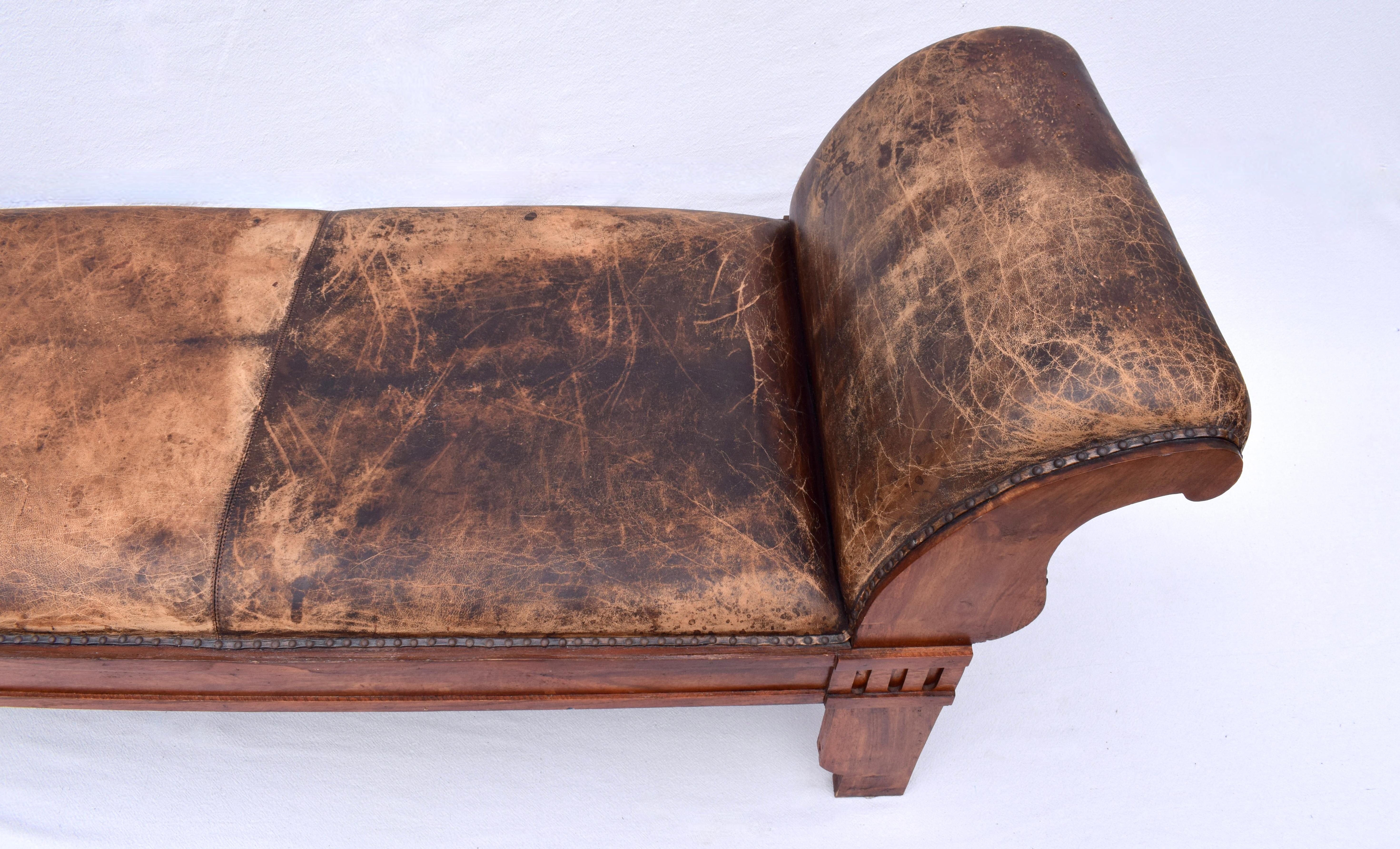 American Distressed Leather Rolled Arm carved Oak Bench For Sale