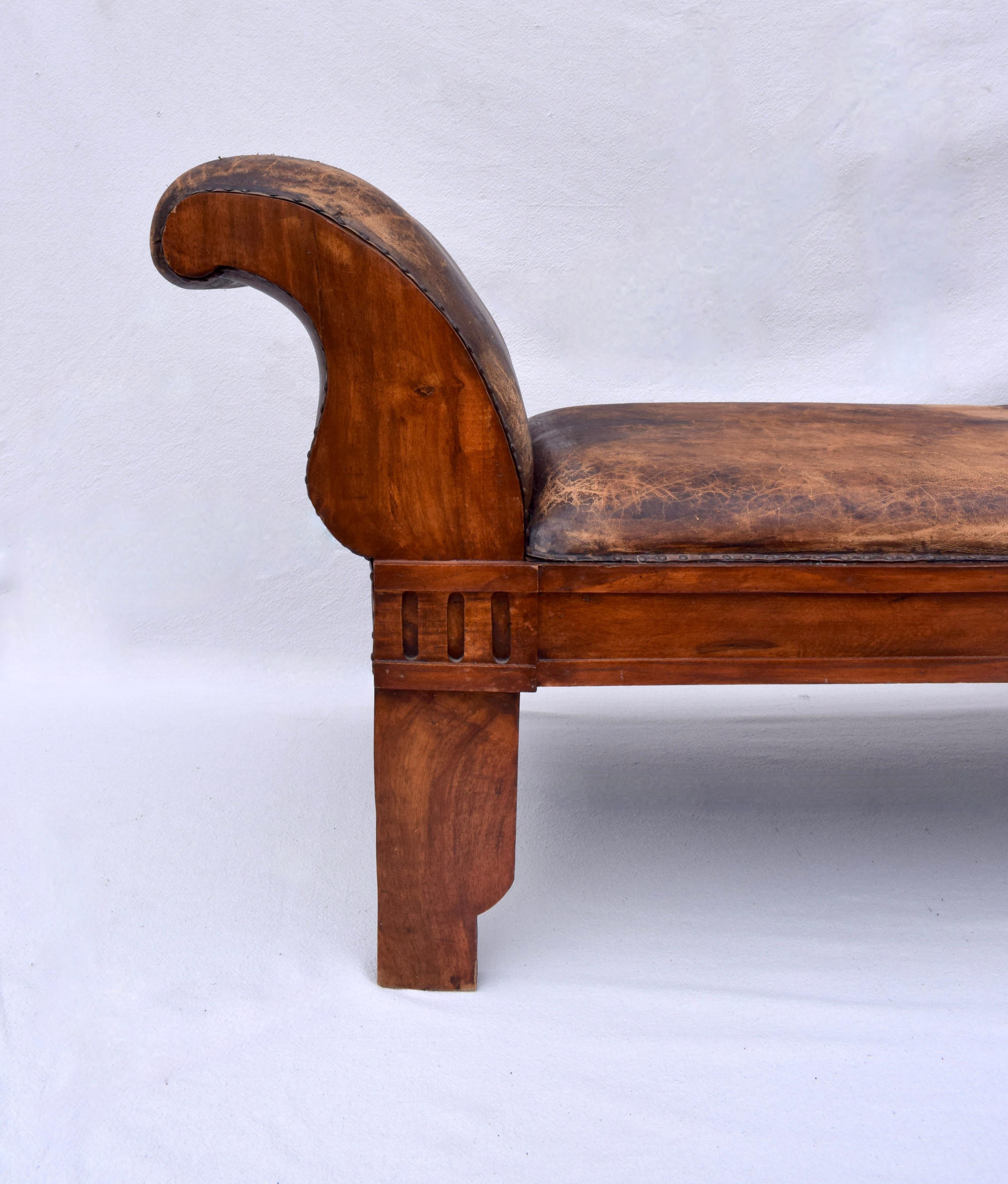 Carved Distressed Leather Rolled Arm carved Oak Bench For Sale