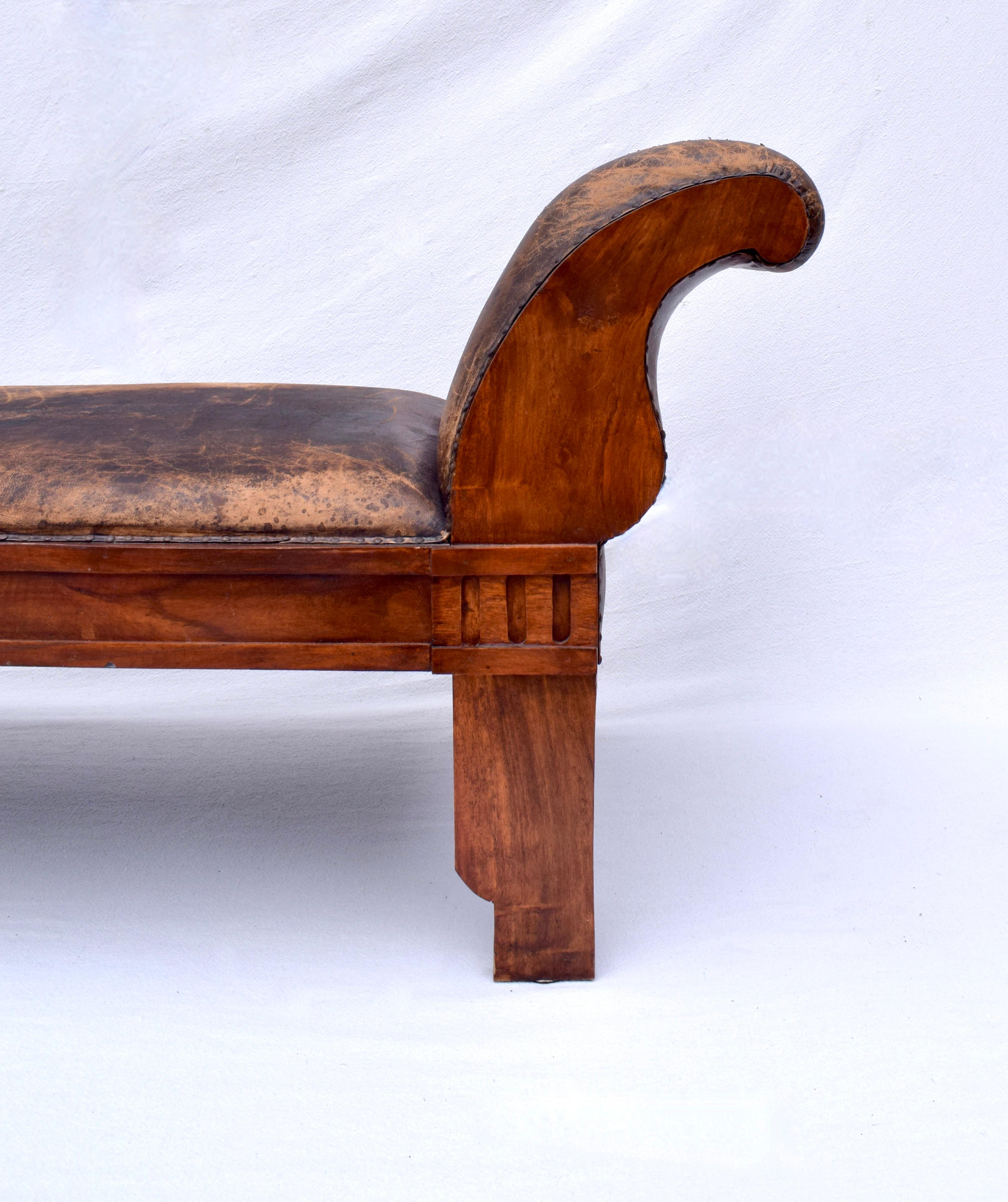 Distressed Leather Rolled Arm carved Oak Bench In Good Condition For Sale In Southampton, NJ