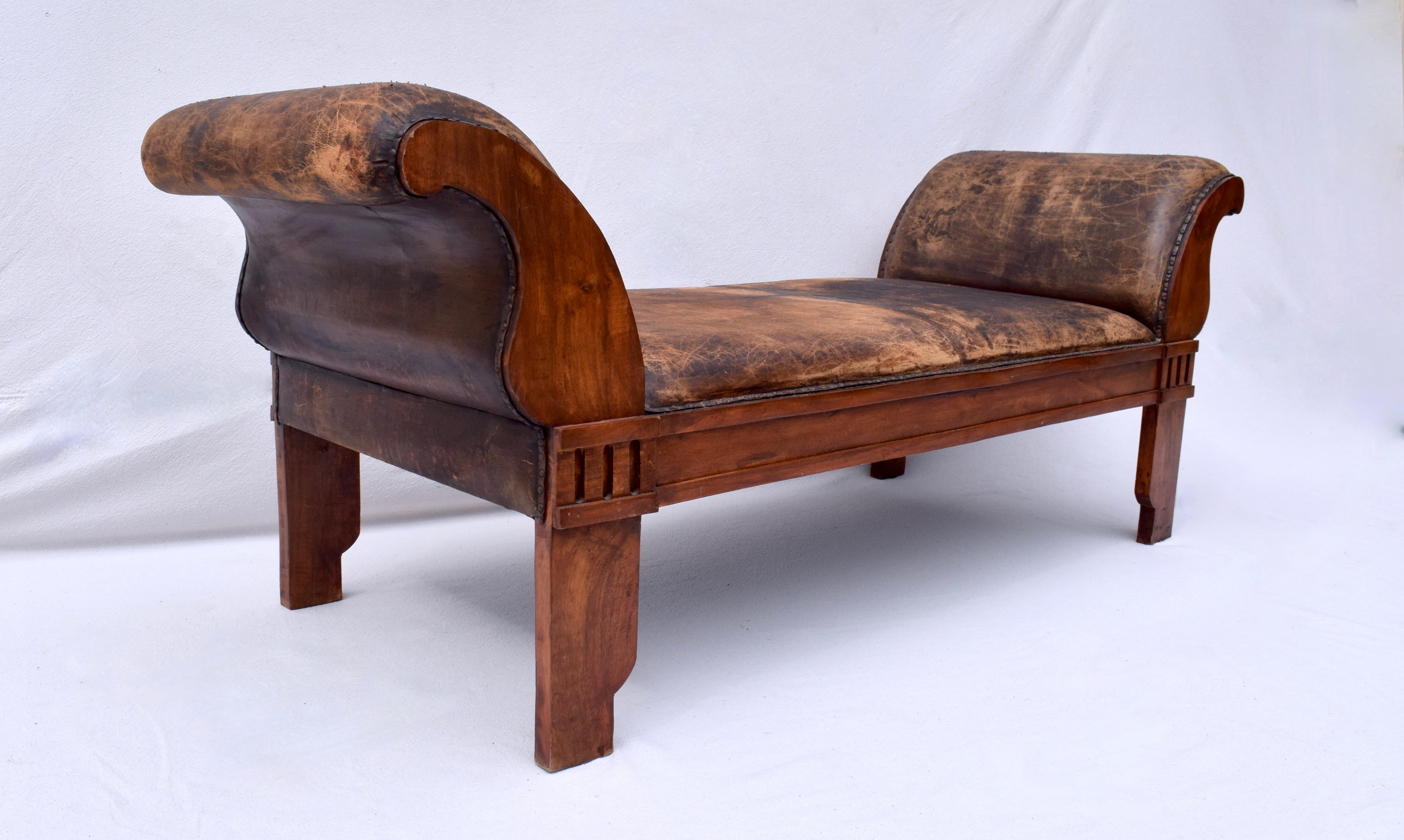 Distressed Leather Rolled Arm carved Oak Bench For Sale 2