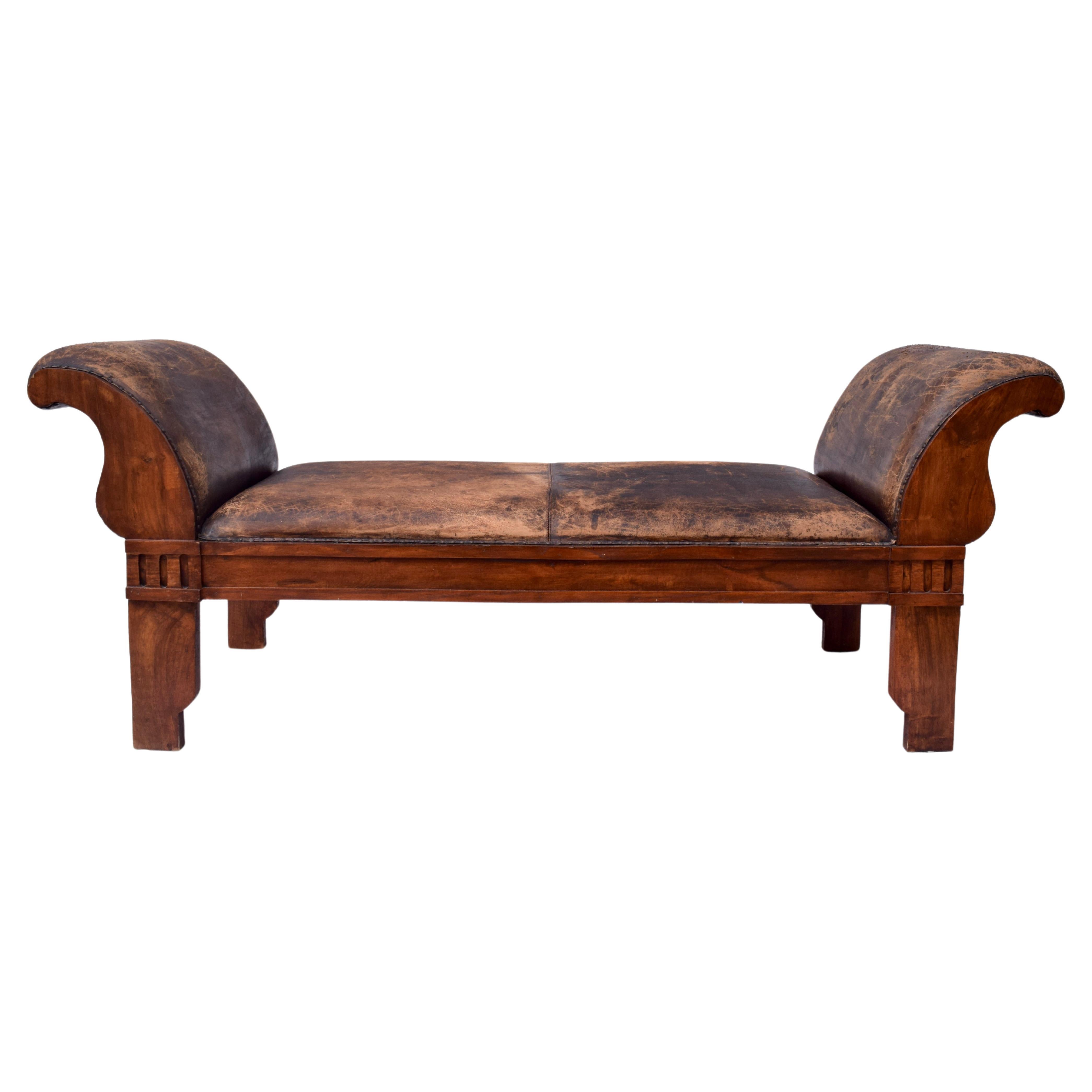 Distressed Leather Rolled Arm carved Oak Bench For Sale