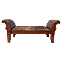 Retro Distressed Leather Rolled Arm carved Oak Bench