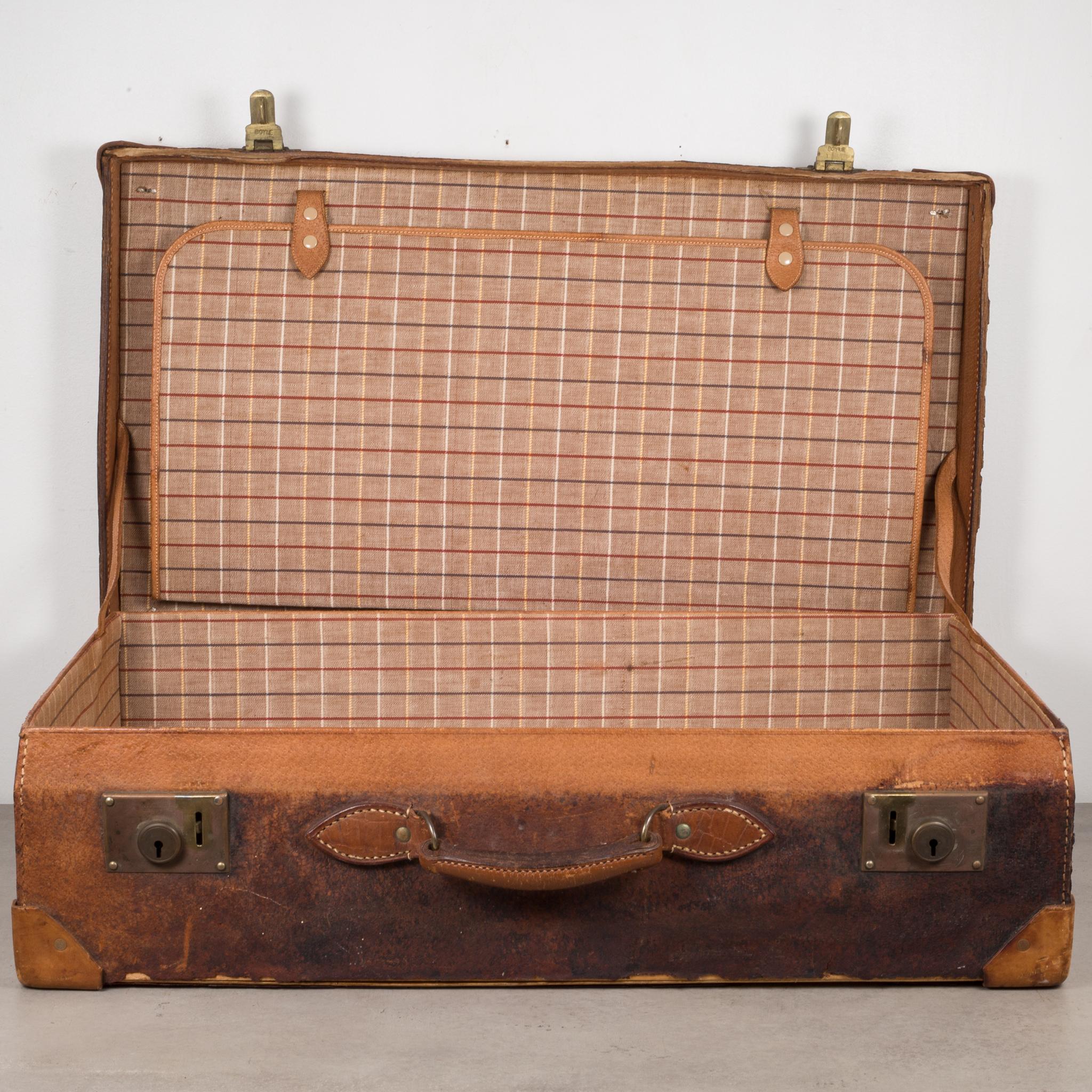 Industrial Distressed Leather Suitcase with Brass Locks, circa 1940 For Sale