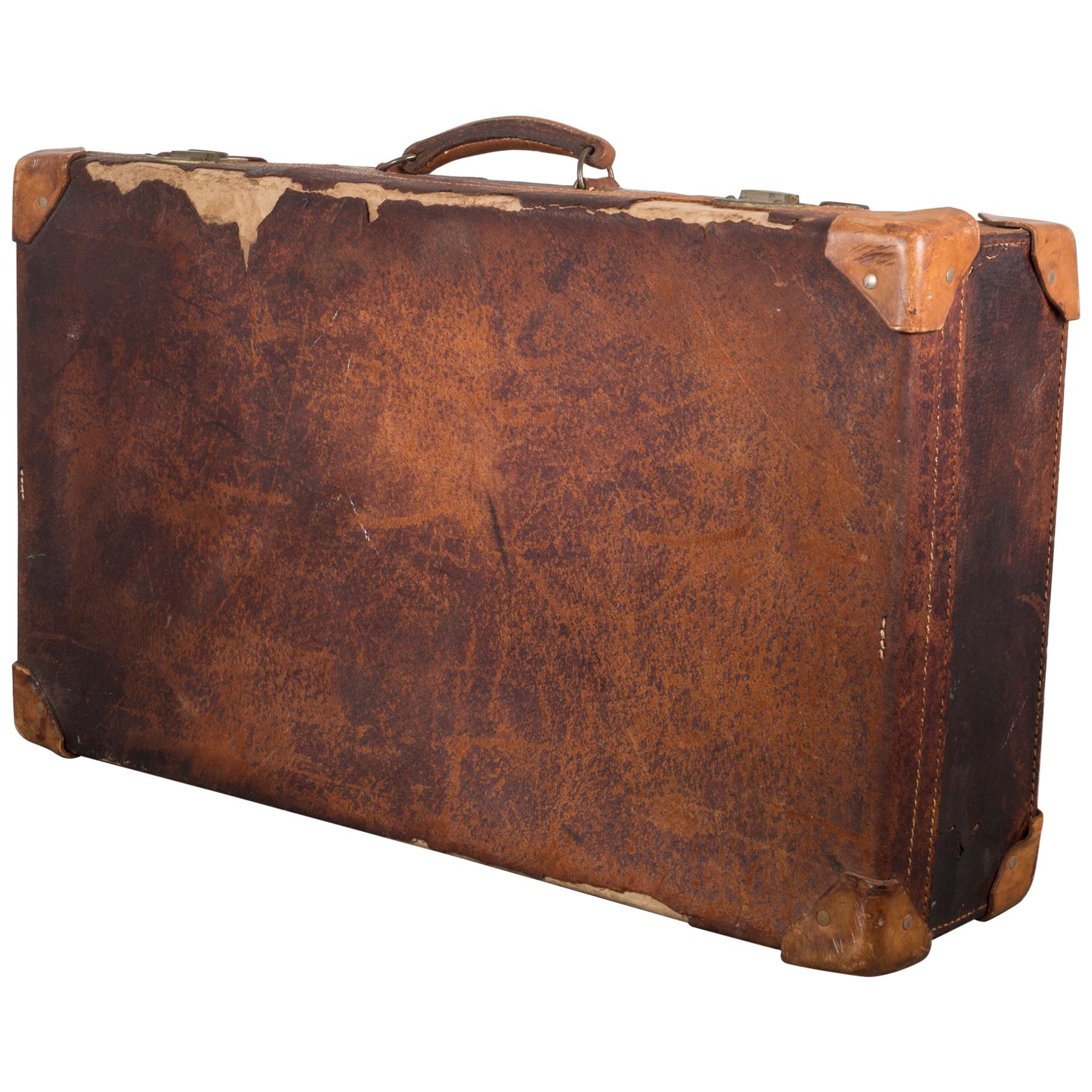 Distressed Leather Suitcase with Brass Locks, circa 1940