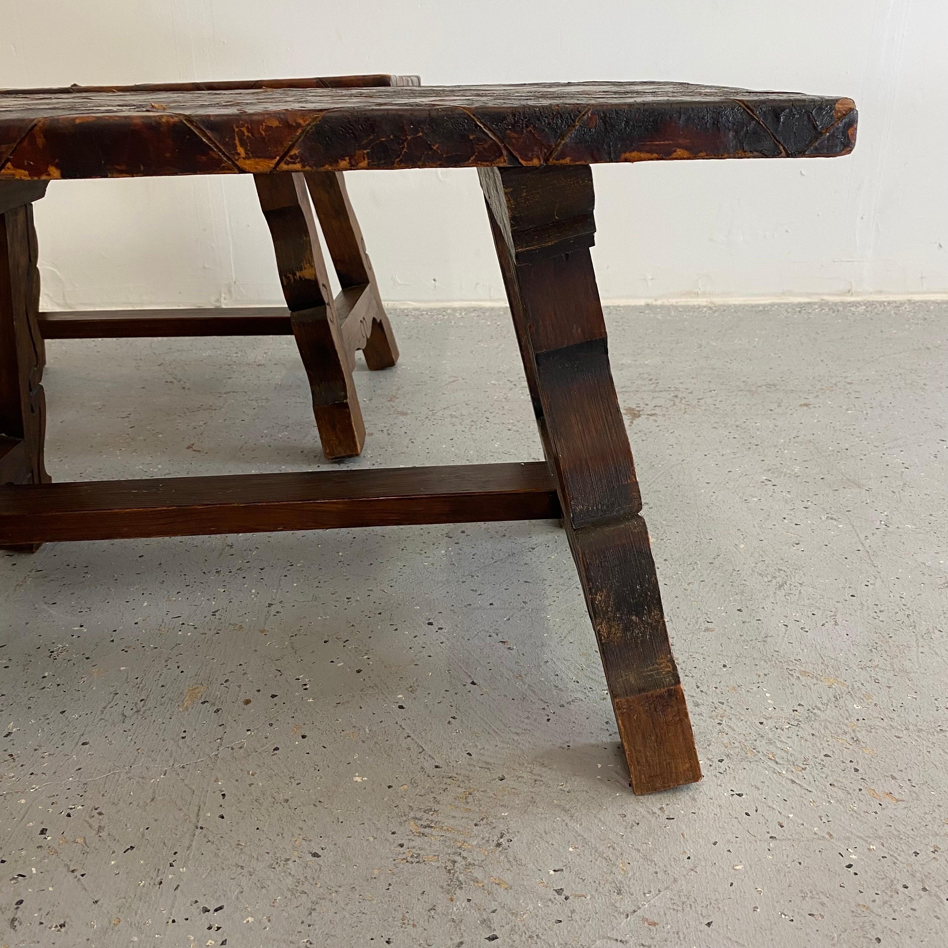 Folk Art Distressed Leather Top Side Table For Sale