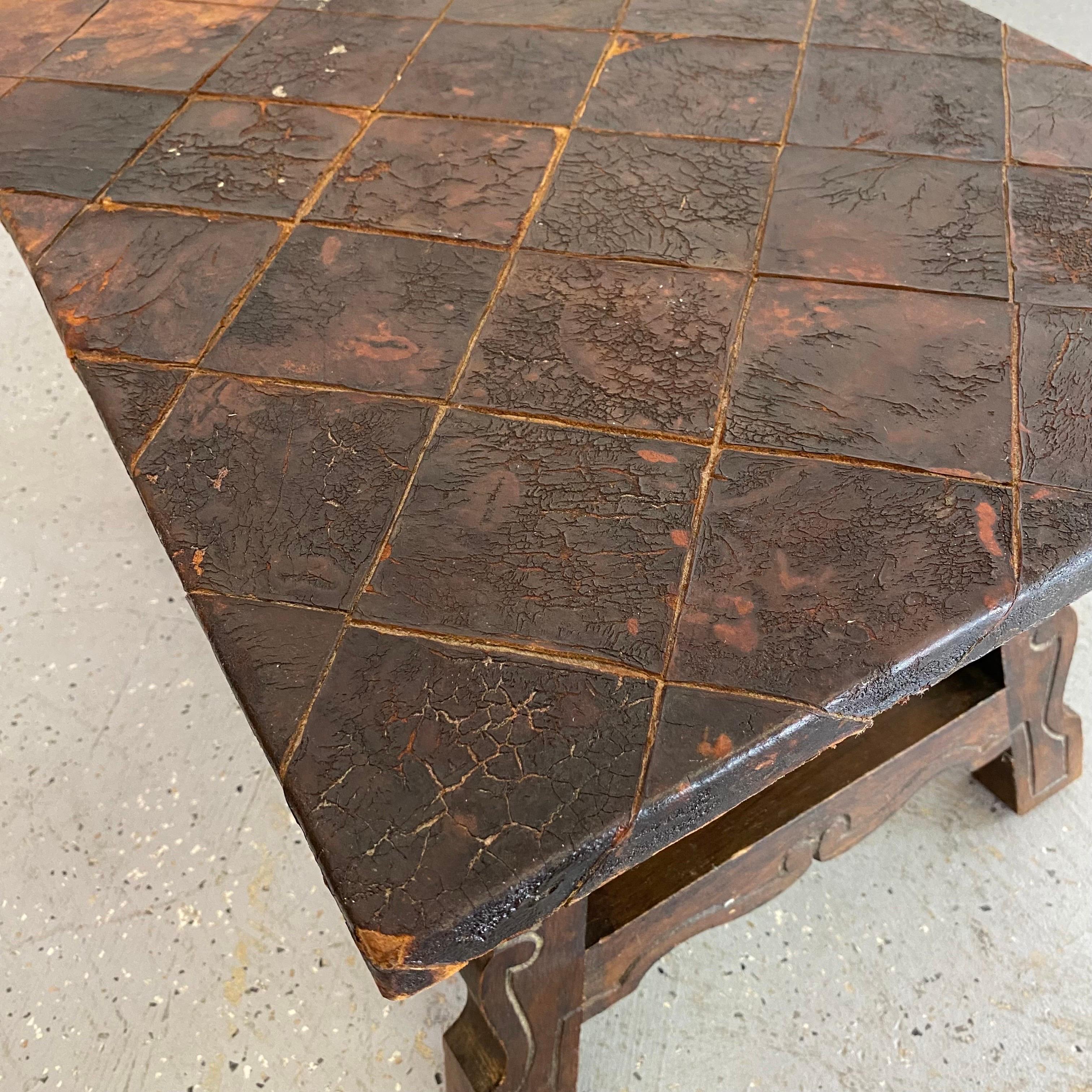 Distressed Leather Top Side Table For Sale 1