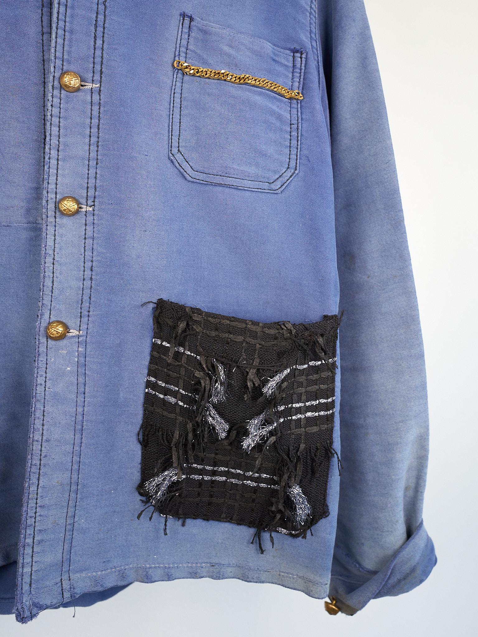 Distressed Light Blue Moleskin Jacket French Work Wear Black Silver Lurex Tweed  In New Condition In Los Angeles, CA