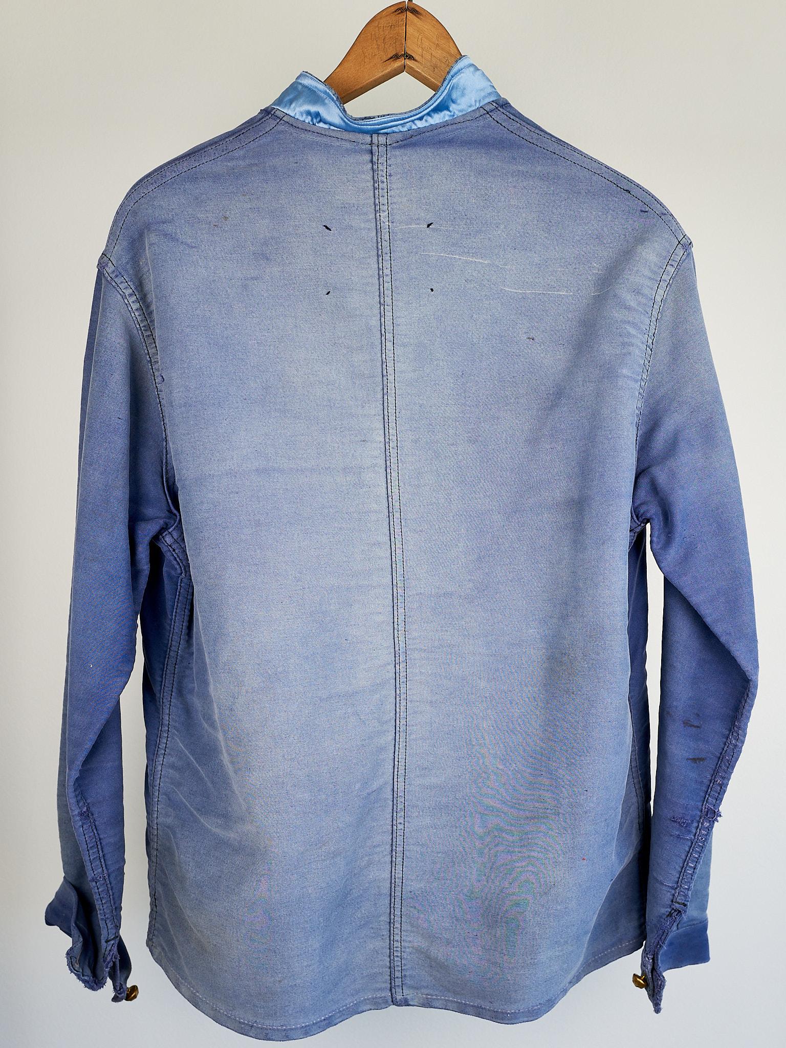 Distressed Light Blue Moleskin Jacket French Work Wear Black Silver Lurex Tweed  3