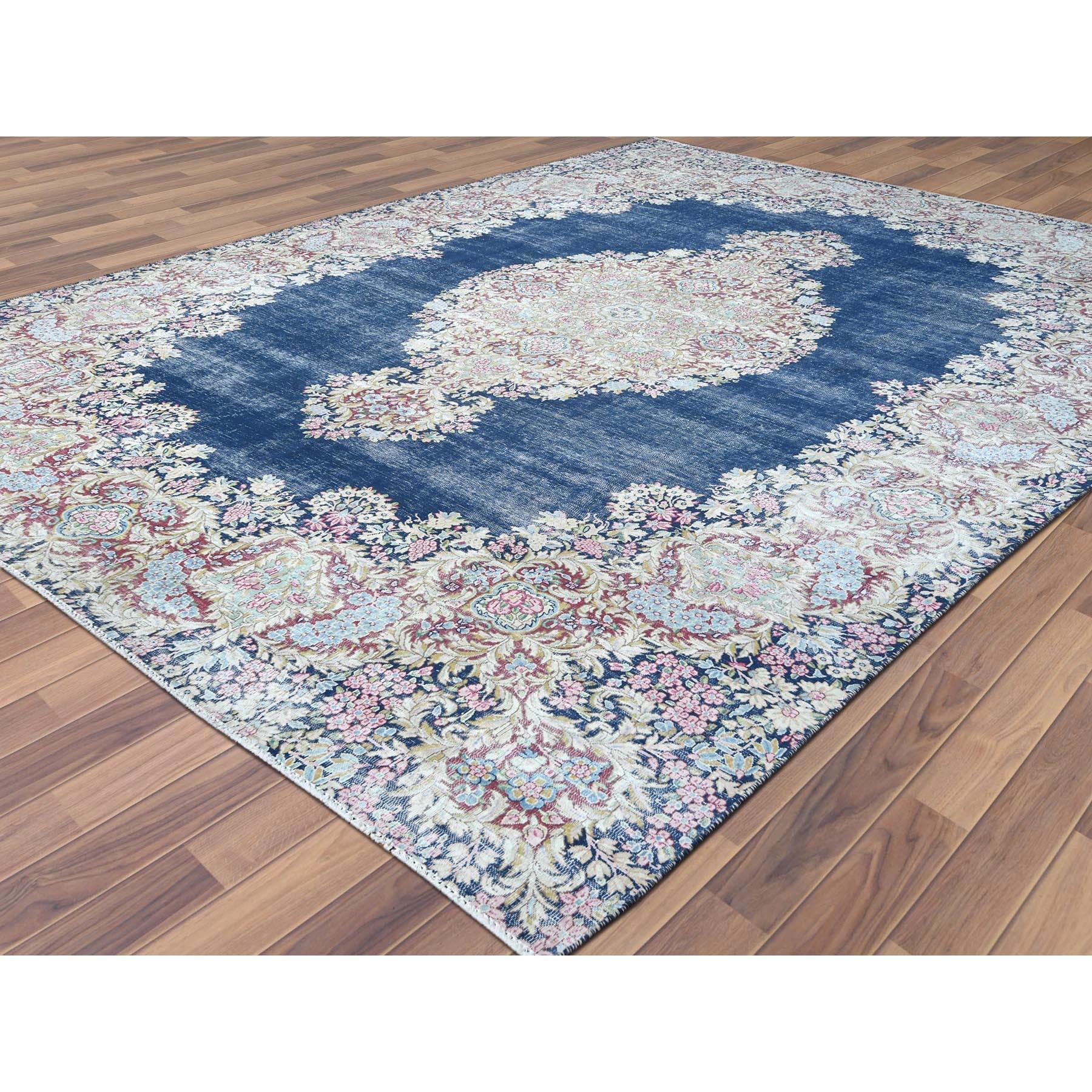 Hand-Knotted Distressed Look, Worn Wool, Hand Knotted, Denim Blue, Vintage Persian Kerman Rug For Sale