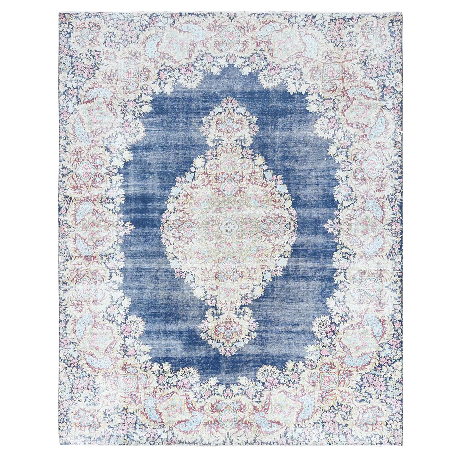 Distressed Look, Worn Wool, Hand Knotted, Denim Blue, Vintage Persian Kerman Rug For Sale