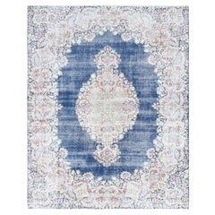 Persischer Kerman-Teppich im Used-Look, Wolle, handgeknüpft, Denim-Blau, Vintage