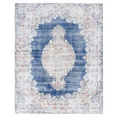 Distressed Look, Worn Wool, Hand Knotted, Denim Blue, Retro Persian Kerman Rug