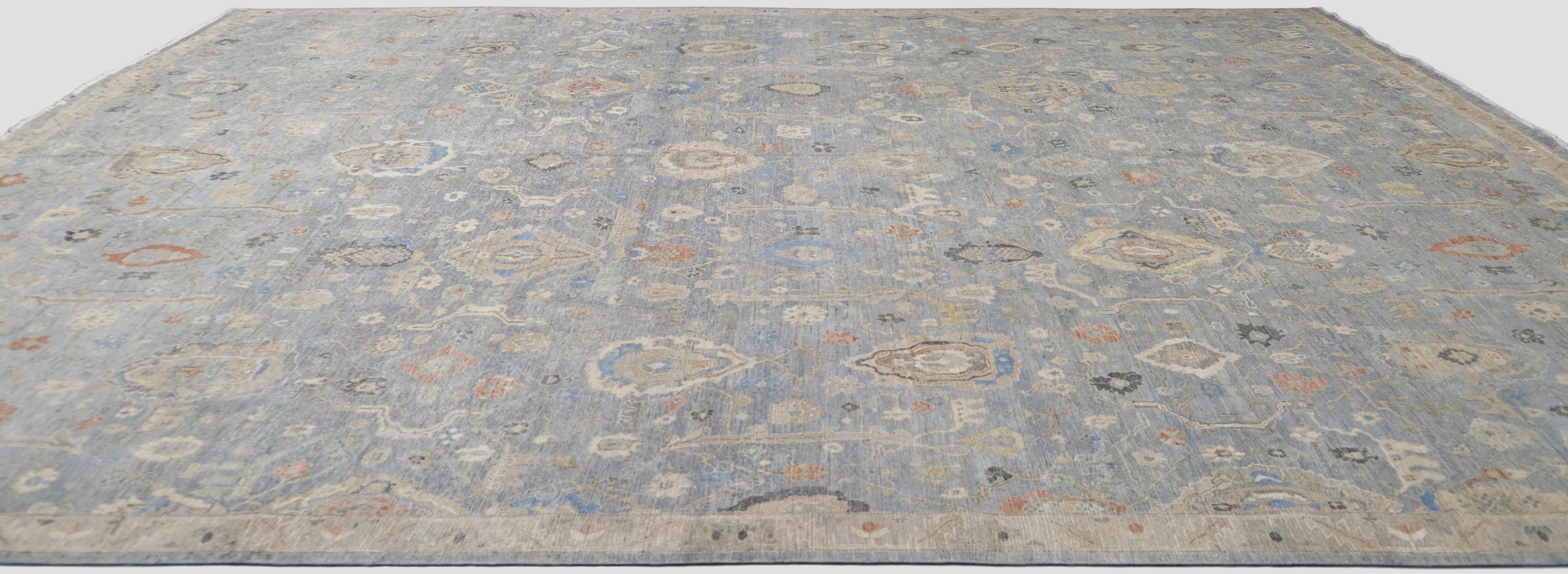 Alfombra de lana Mahal azul y marfil desgastada 11'10''x14'10'' Neoclásico en venta