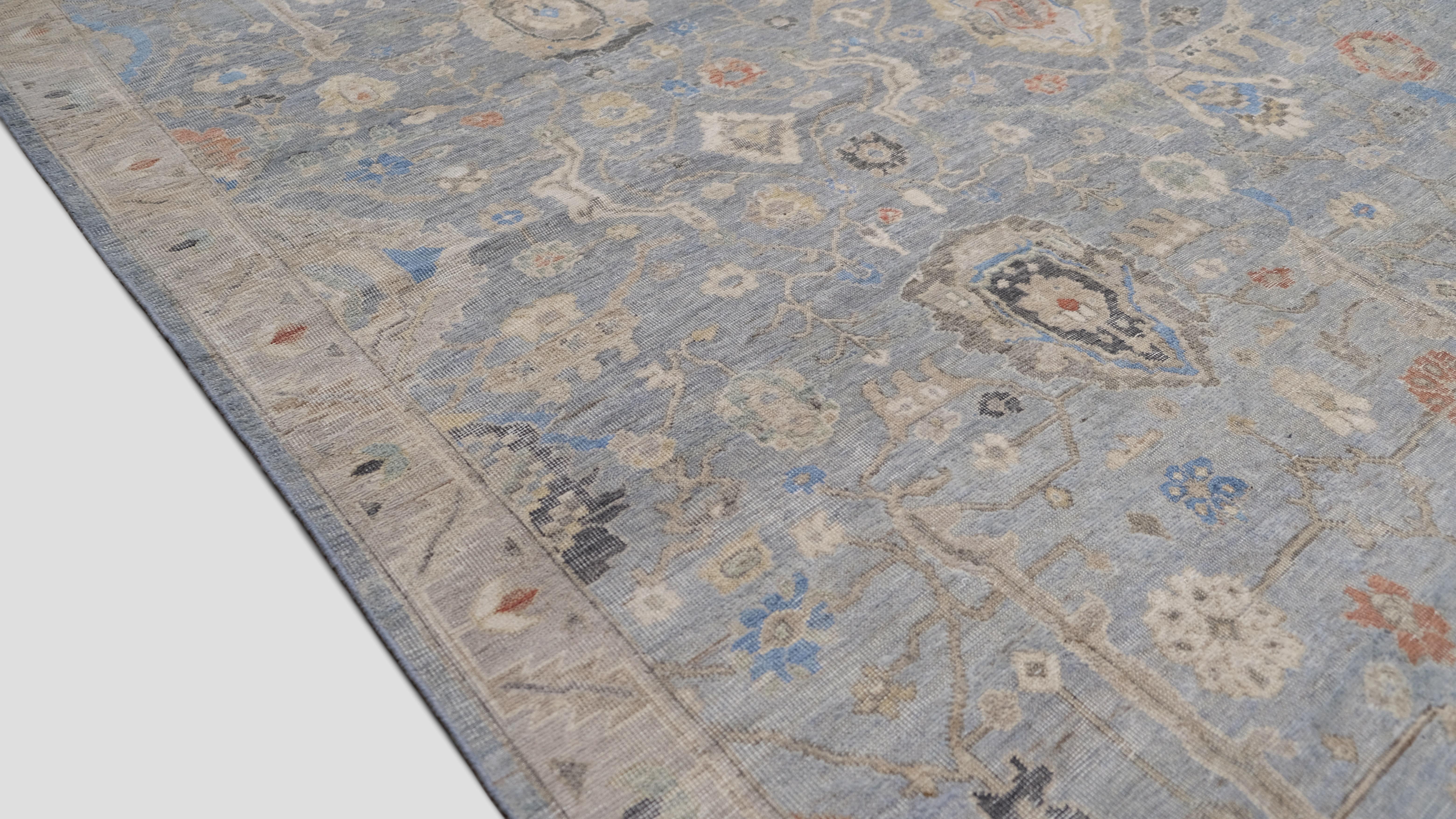 Alfombra de lana Mahal azul y marfil desgastada 11'10''x14'10'' Asiático en venta
