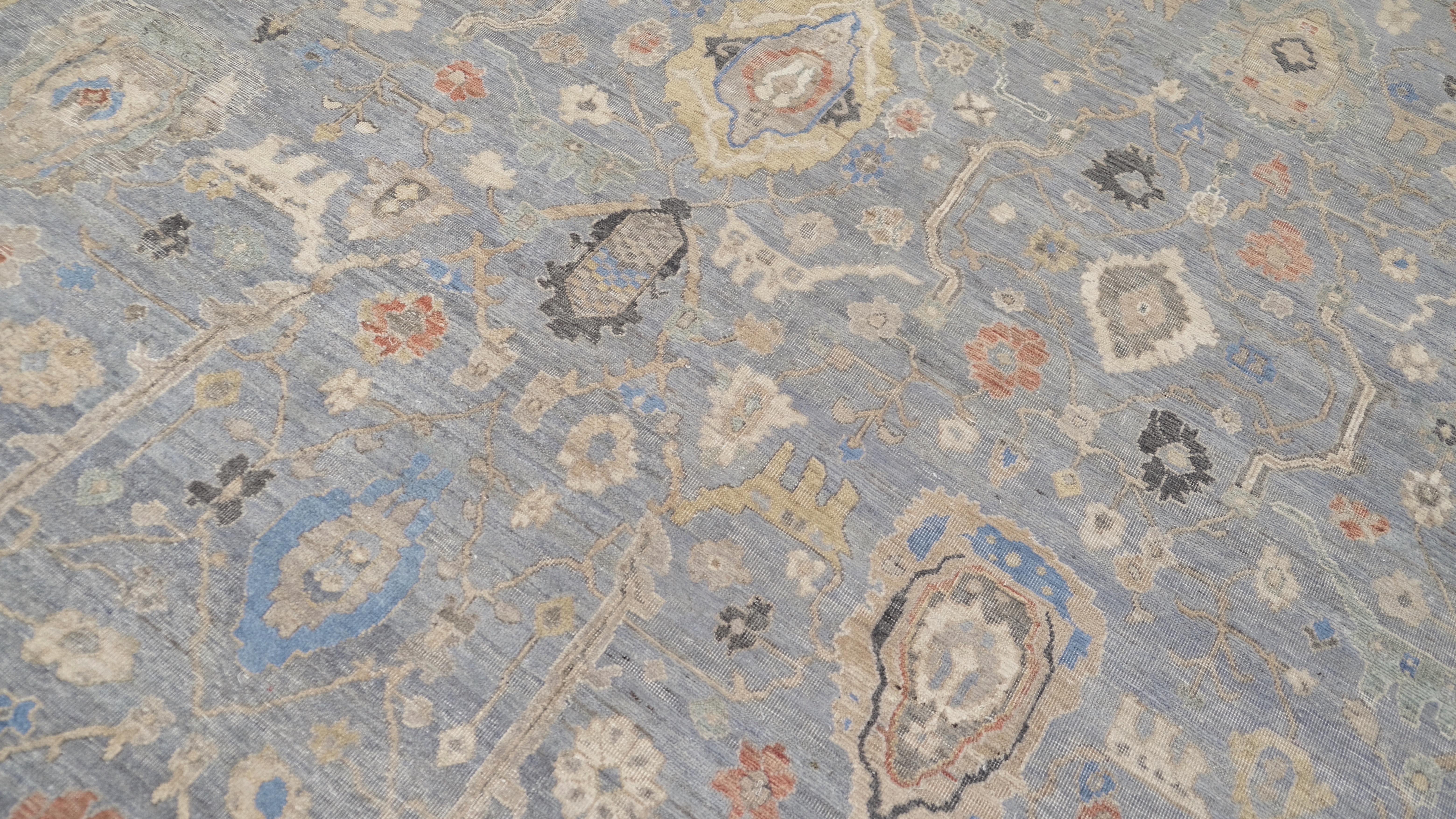 Alfombra de lana Mahal azul y marfil desgastada 11'10''x14'10'' Anudado a mano en venta