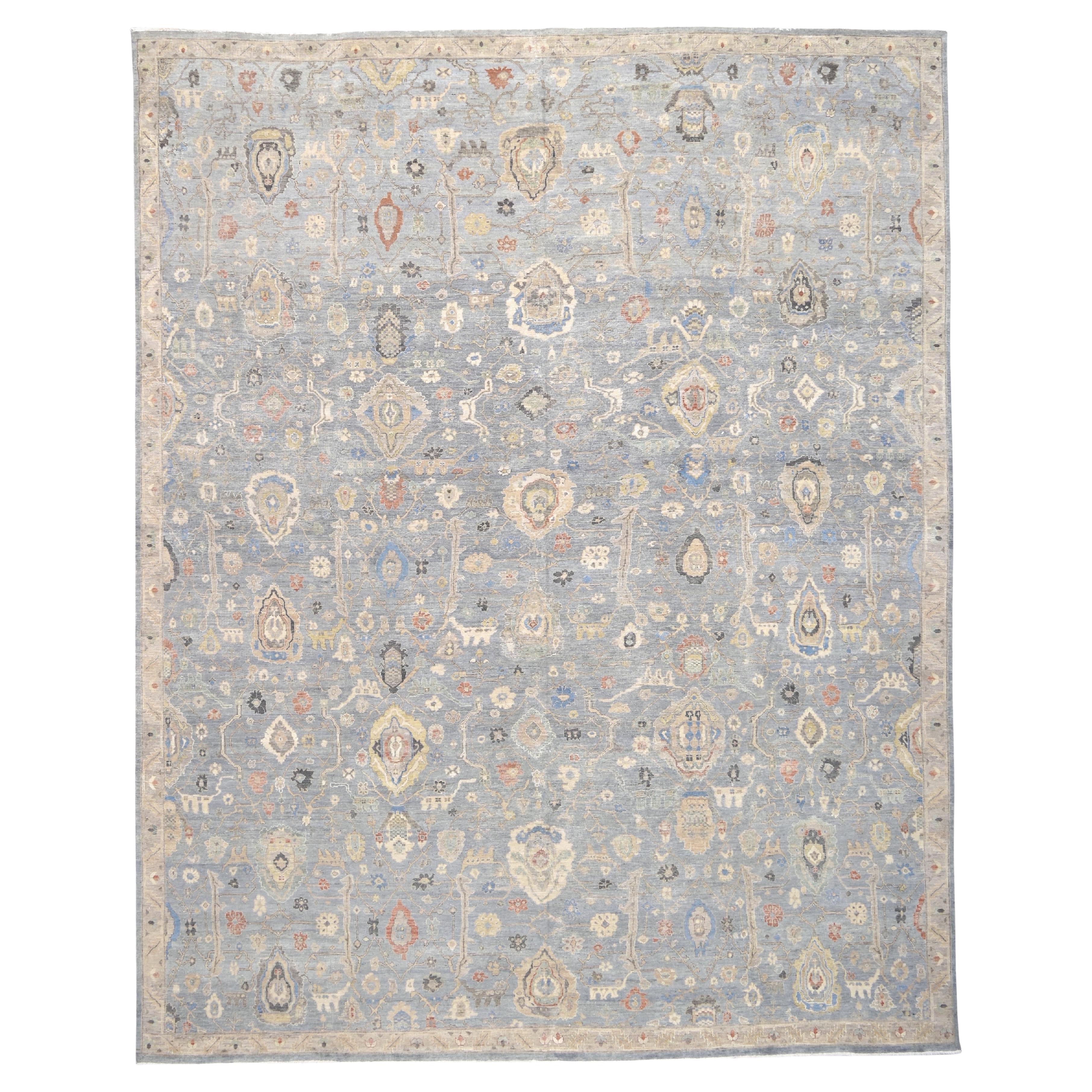 Distressed Mahal Blue & Ivory Wool Rug 11'10''x14'10''